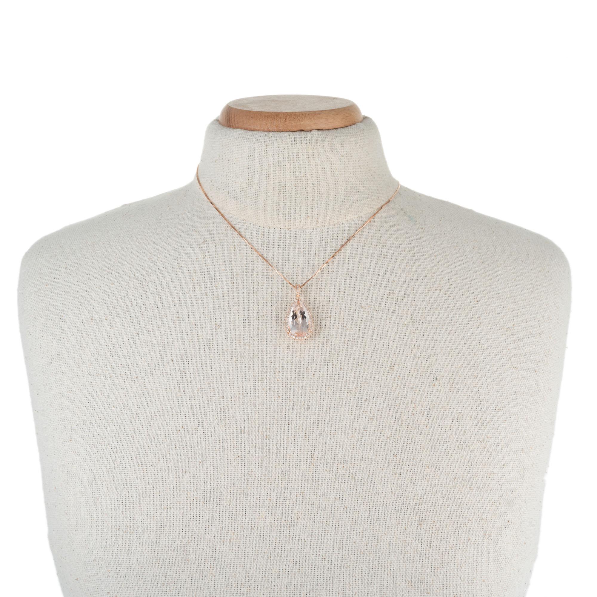Women's Peter Suchy 8.56 Carat Morganite Halo Diamond Rose Gold Pendant Necklace For Sale