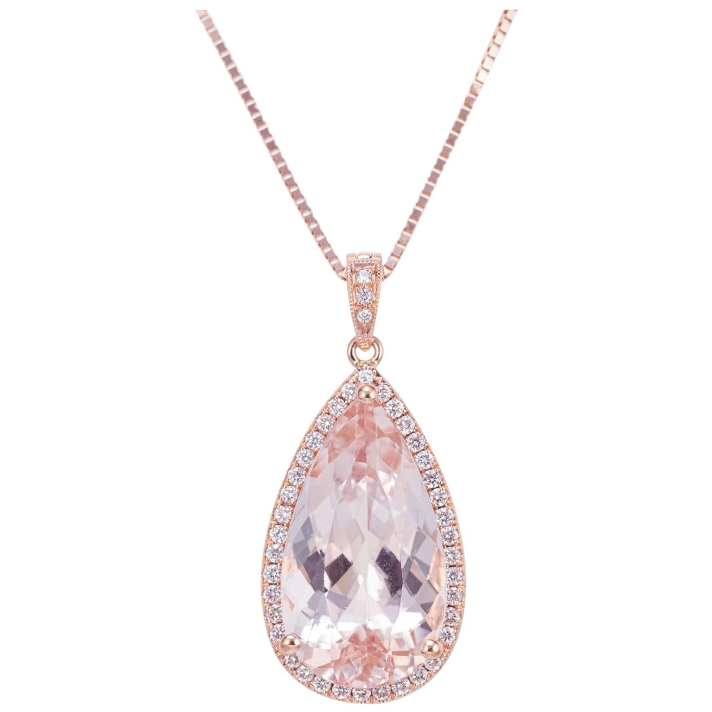 Peter Suchy 8.56 Carat Morganite Halo Diamond Rose Gold Pendant Necklace For Sale