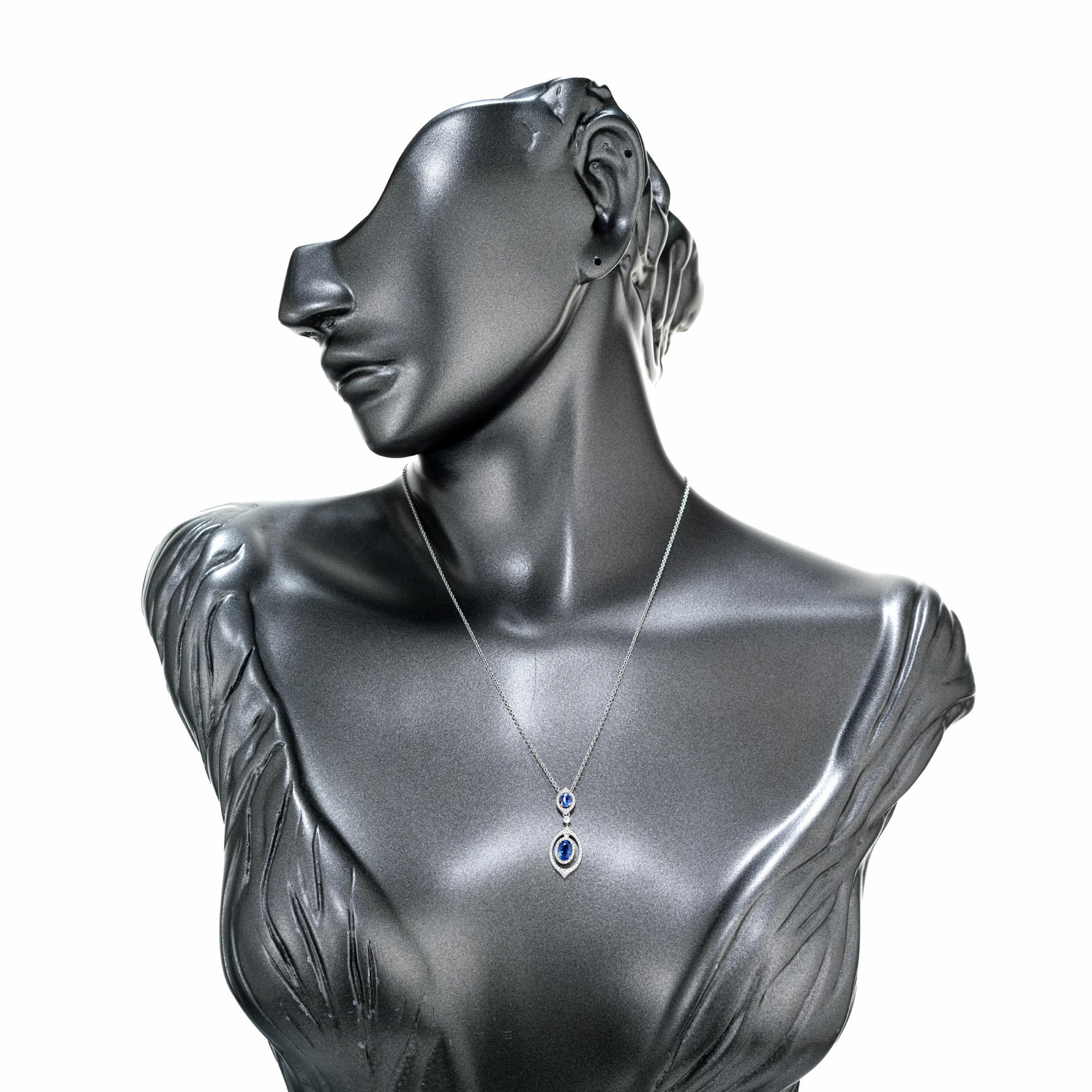 Women's Peter Suchy .88 Carat Sapphire Diamond White Gold Halo Pendant Necklace For Sale