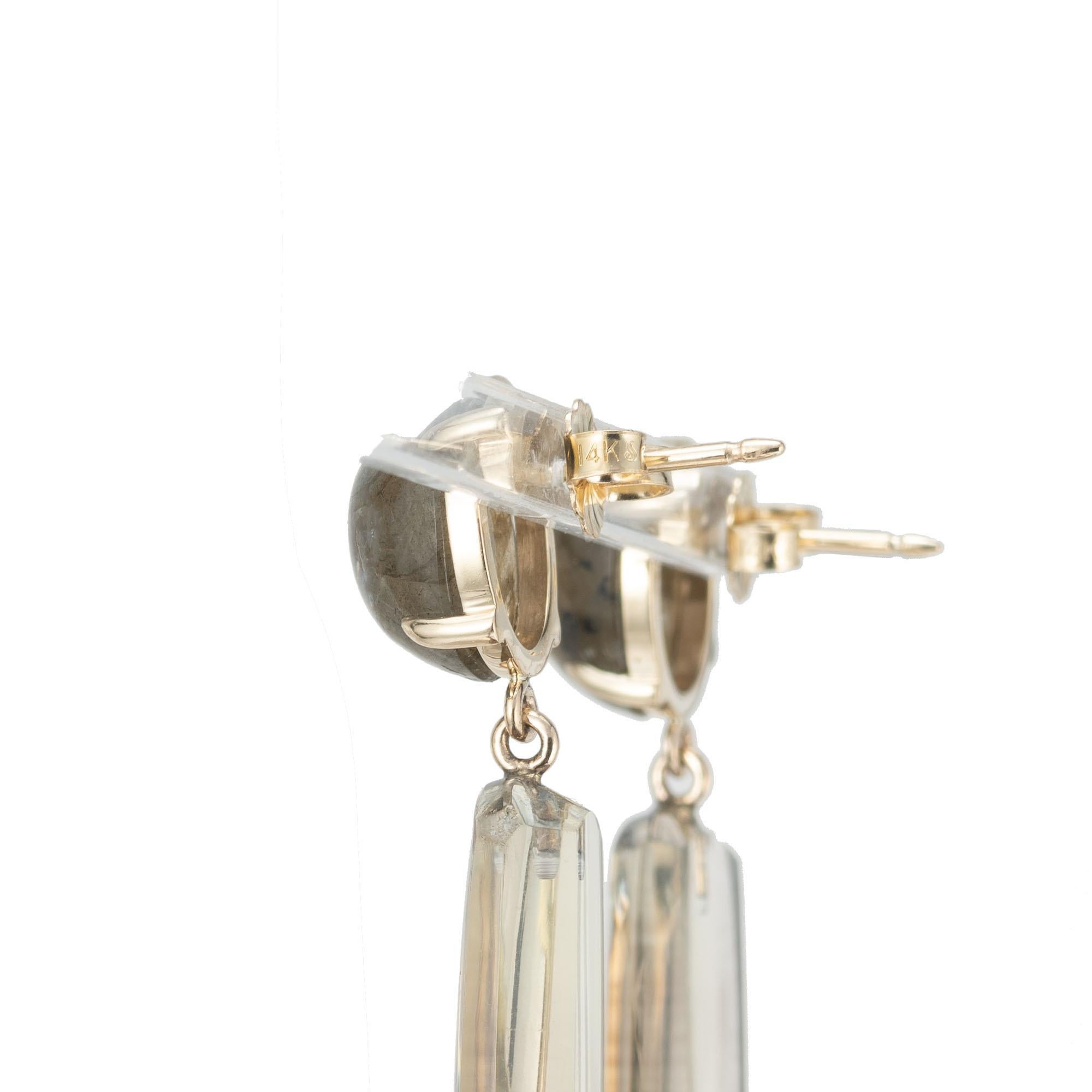 Peter Suchy 8.99 Carat Labradorite Smokey Quartz Yellow Gold Dangle Earrings In New Condition In Stamford, CT