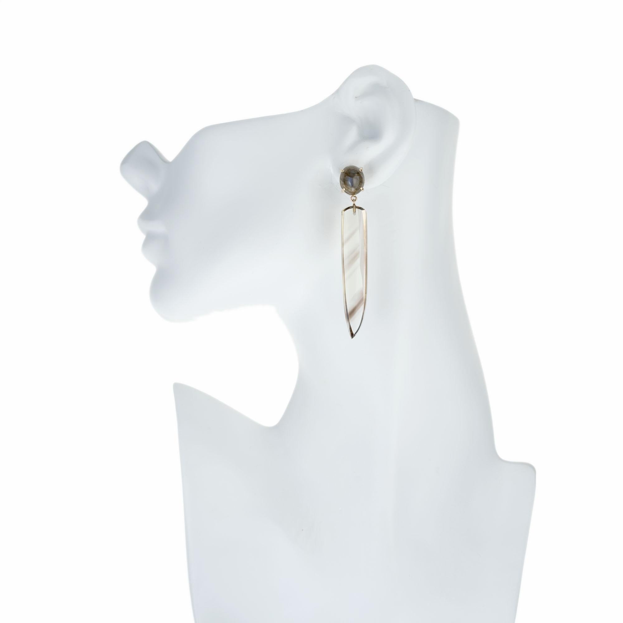 Women's Peter Suchy 8.99 Carat Labradorite Smokey Quartz Yellow Gold Dangle Earrings