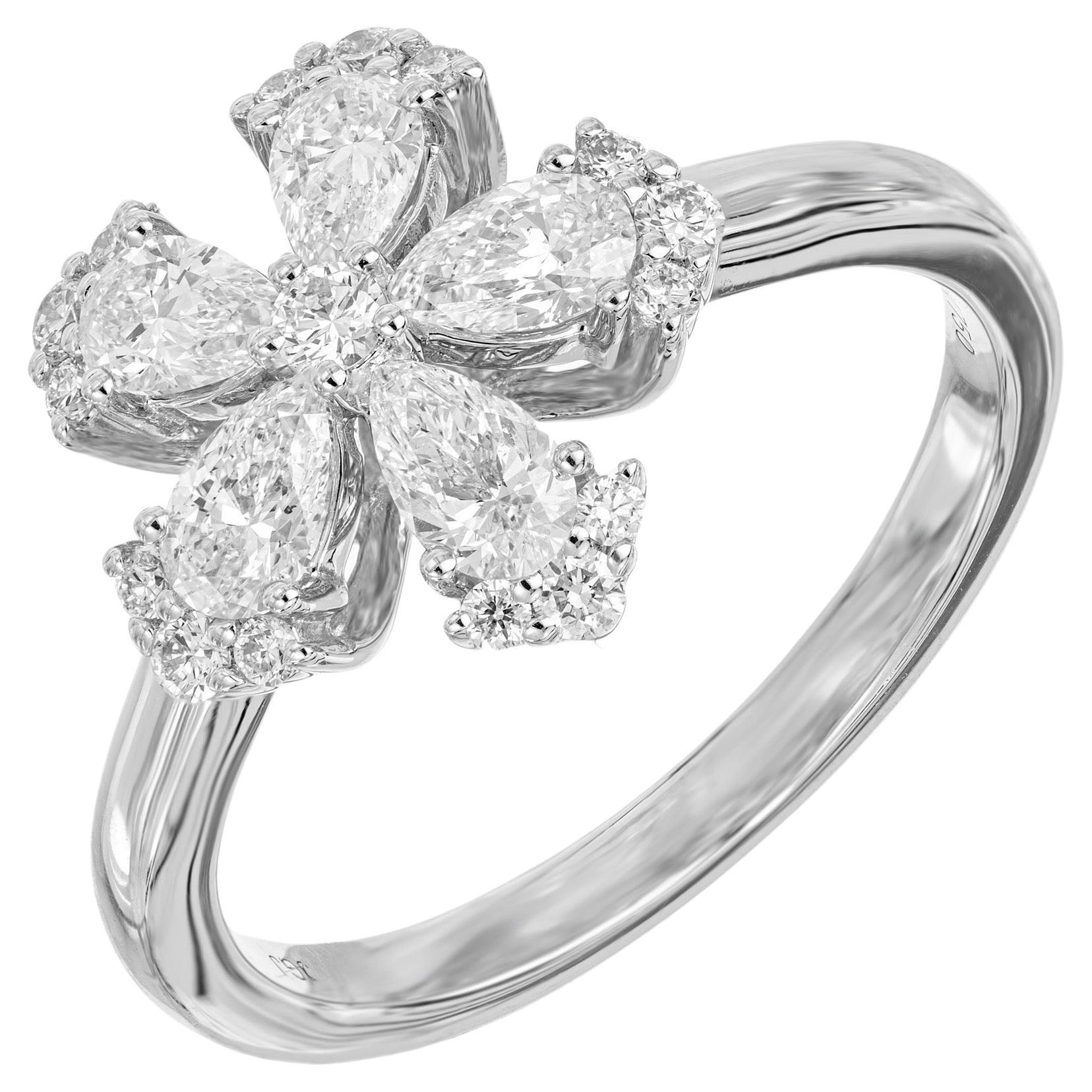 Peter Suchy .90 Carat Pear Shape Diamond White Gold Flower Ring For Sale
