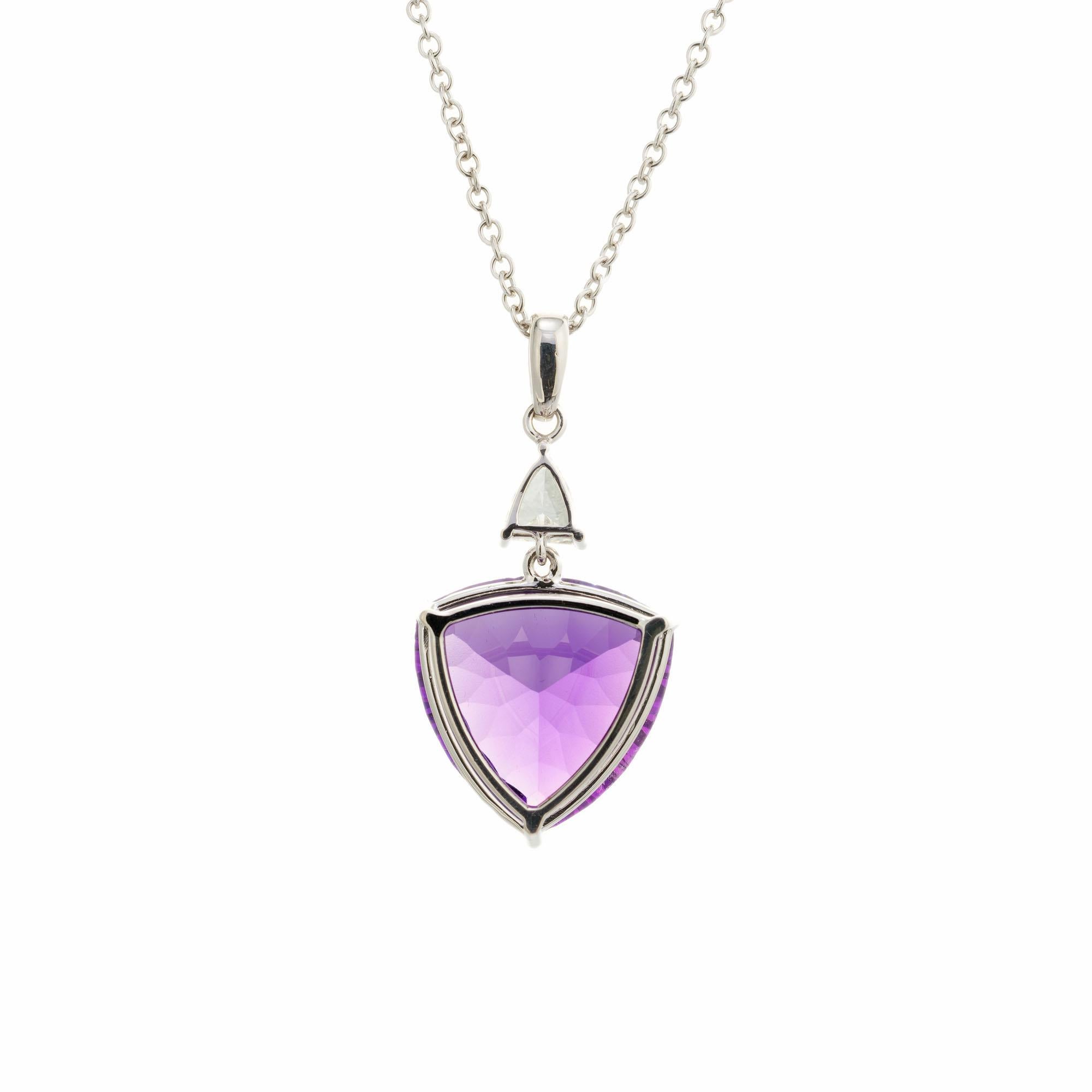 Trillion Cut Peter Suchy 9.25 Carat Amethyst Diamond White Gold Pendant Necklace For Sale