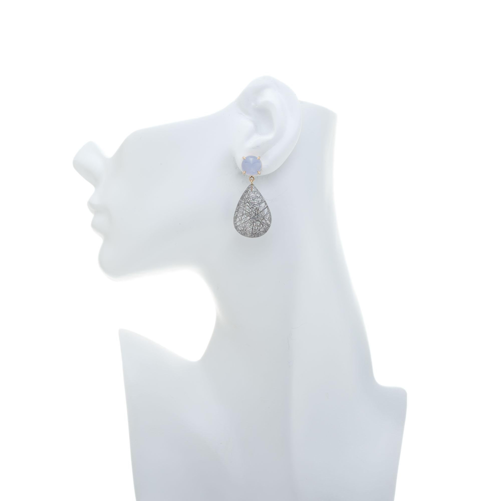 Pear Cut Peter Suchy 9.61 Carat Blue Chalcedony Tourmaline Quartz Gold Dangle Earrings For Sale