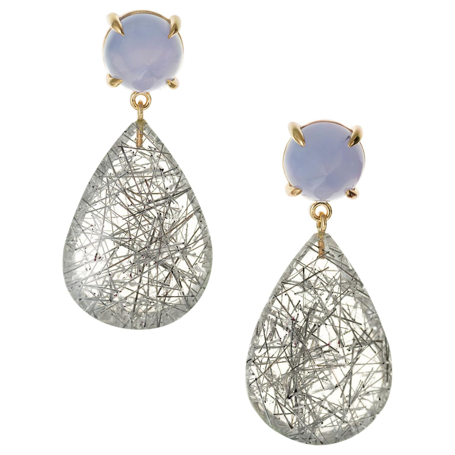 Peter Suchy 9.61 Carat Blue Chalcedony Tourmaline Quartz Gold Dangle Earrings For Sale