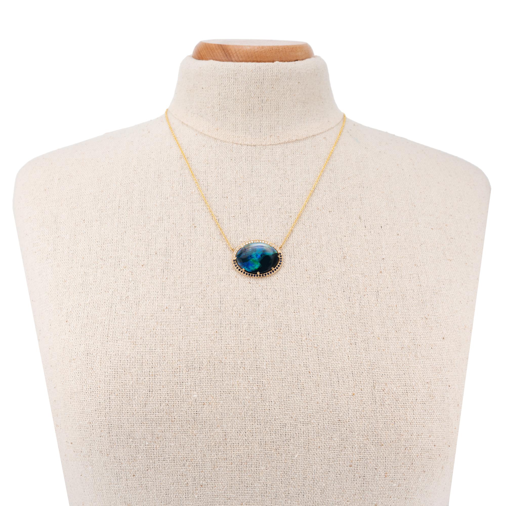 Peter Suchy 9.94 Carat Black Opal Sapphire Diamond Gold Pendant Necklace In New Condition In Stamford, CT