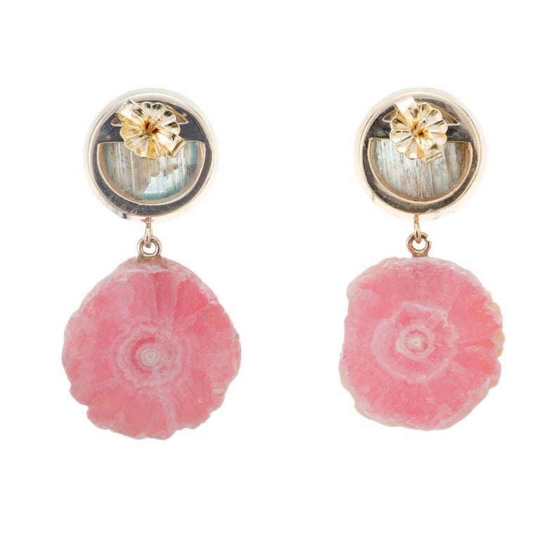 Round Cut Peter Suchy Aqua Pink Rhodochrosite Yellow Gold Dangle Earrings For Sale