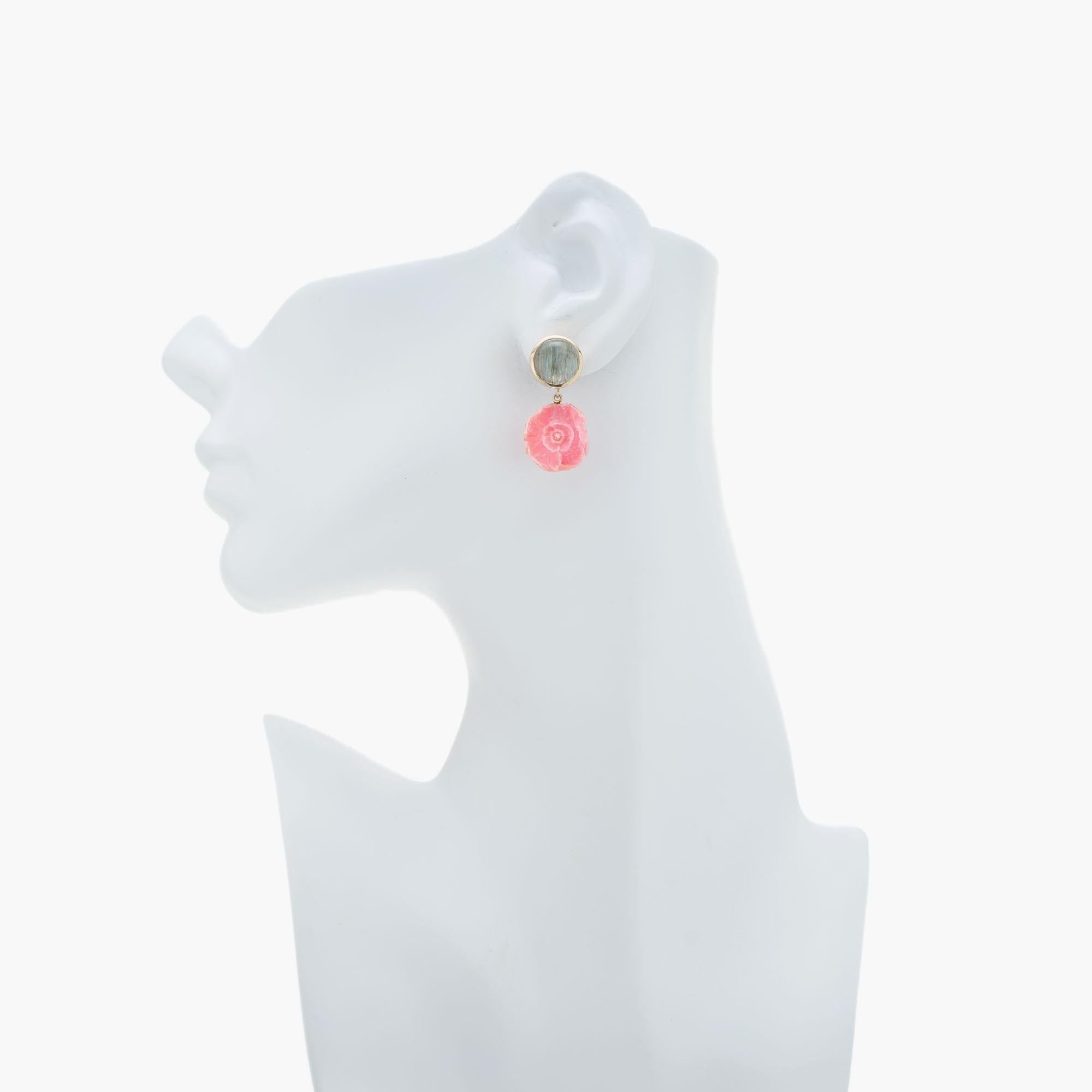Peter Suchy Aqua Pink Rhodochrosite Yellow Gold Dangle Earrings In New Condition For Sale In Stamford, CT