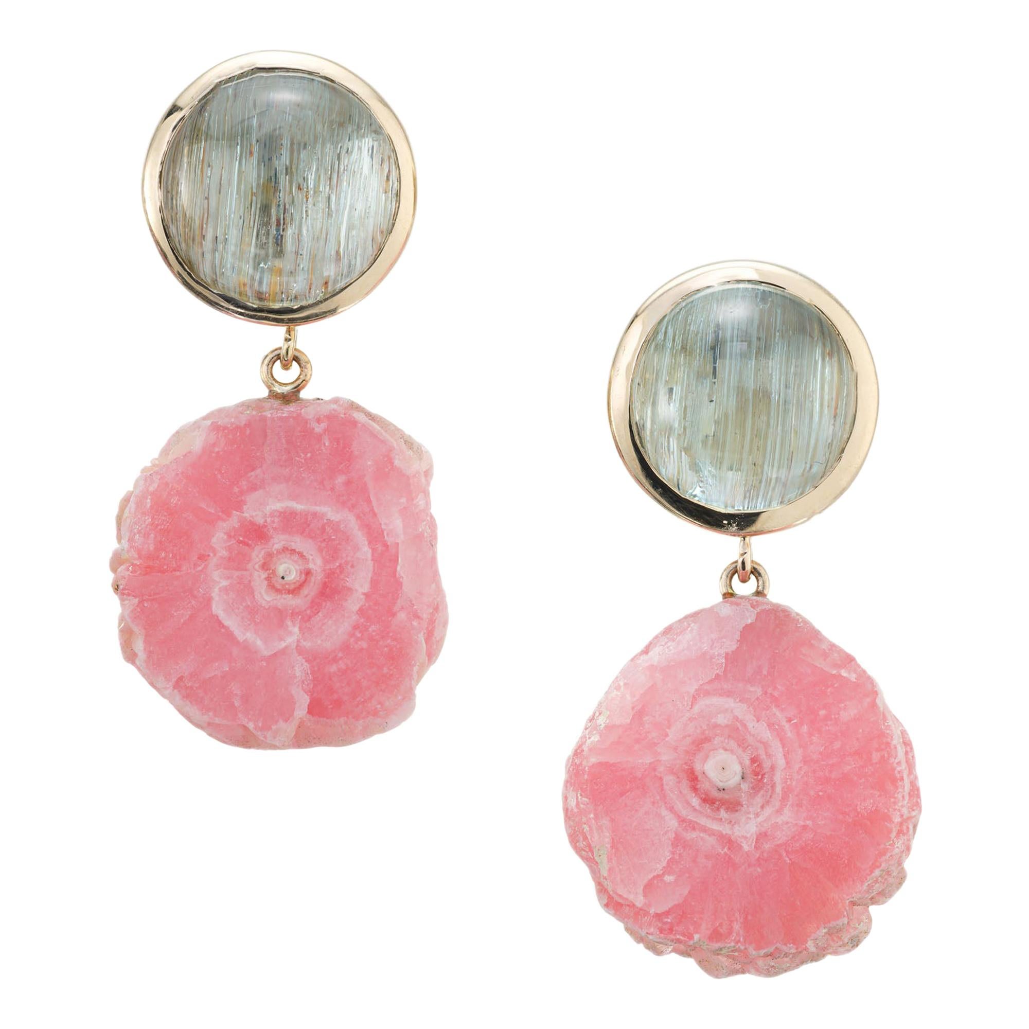 Peter Suchy Aqua Pink Rhodochrosite Yellow Gold Dangle Earrings For Sale