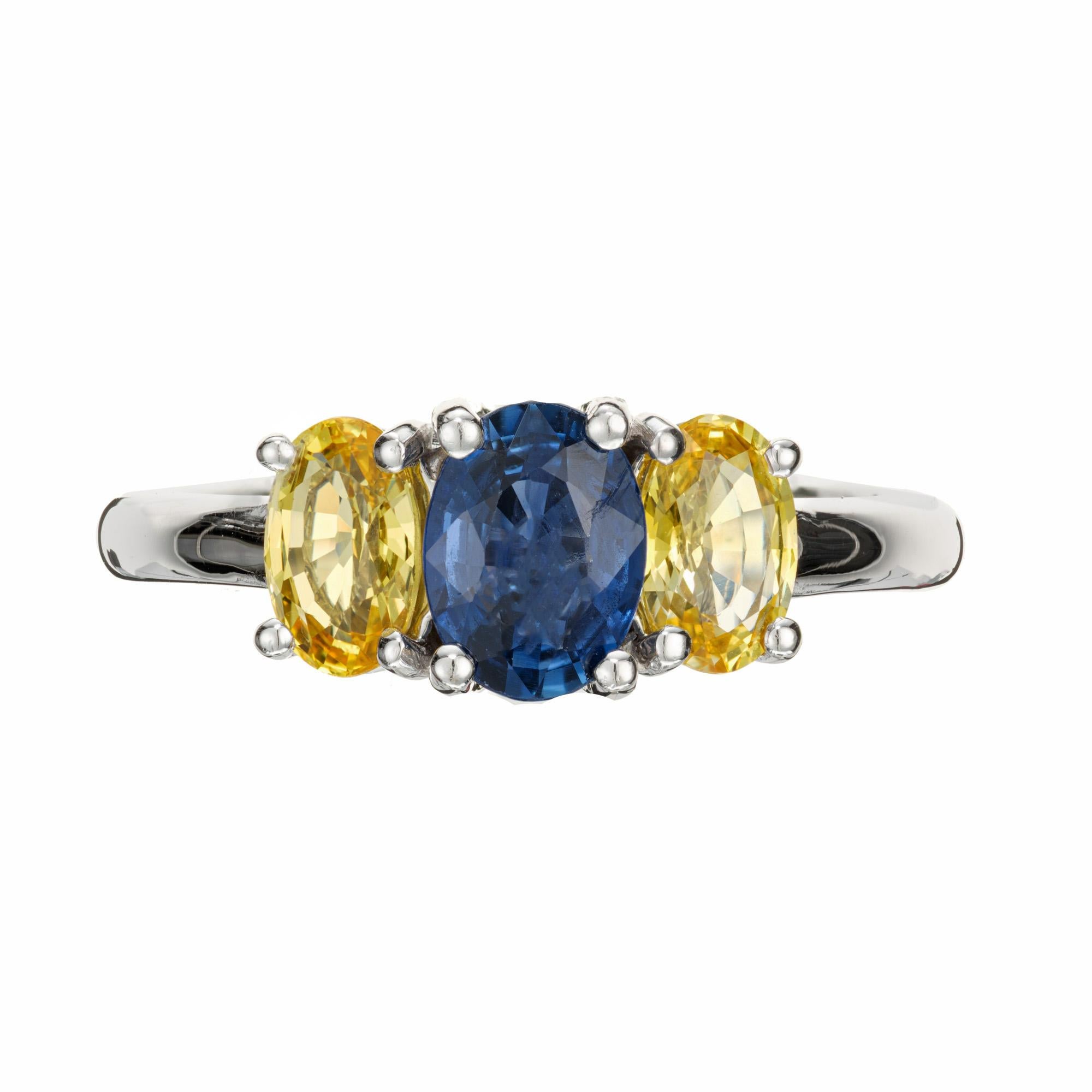 Sapphire engagement ring. 1.00ct Oval blue sapphire center stone with 2 oval yellow side sapphires in a simple three-stone 18k white gold setting. Created in the Peter Suchy workshop. 

1 oval blue sapphire approx. total weight 1.00cts.
2 oval