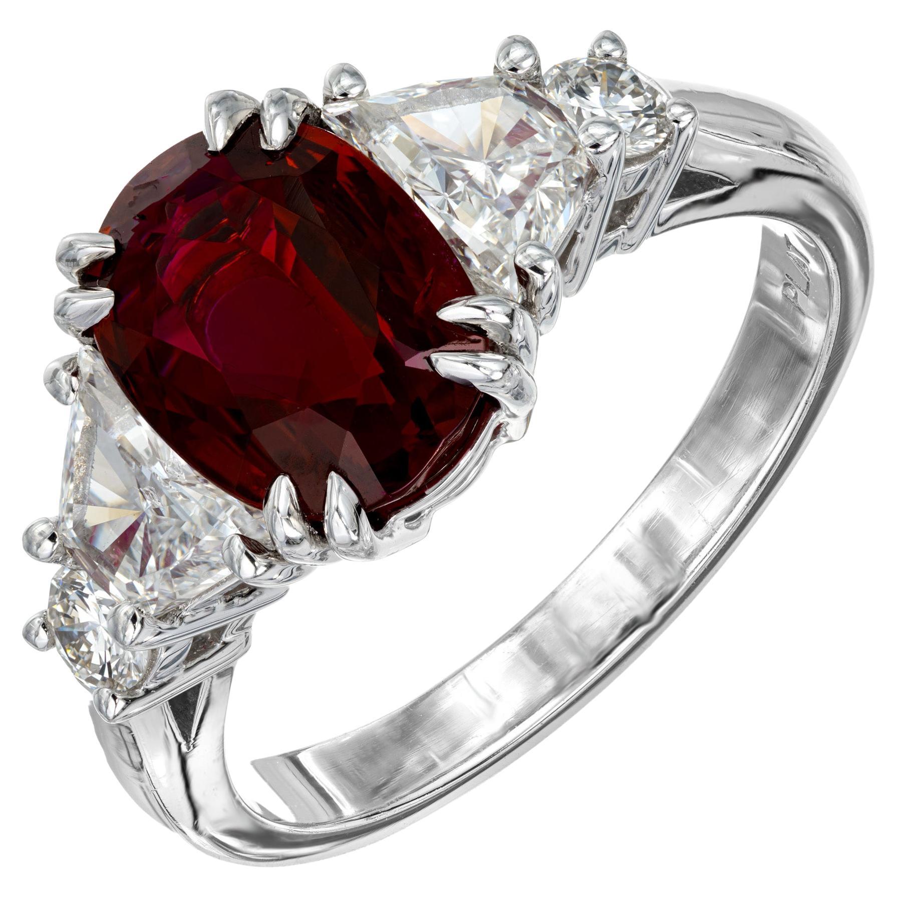 Peter Suchy Certified GIA 2.96 Carat Oval Ruby Diamond Platinum Engagement Ring For Sale