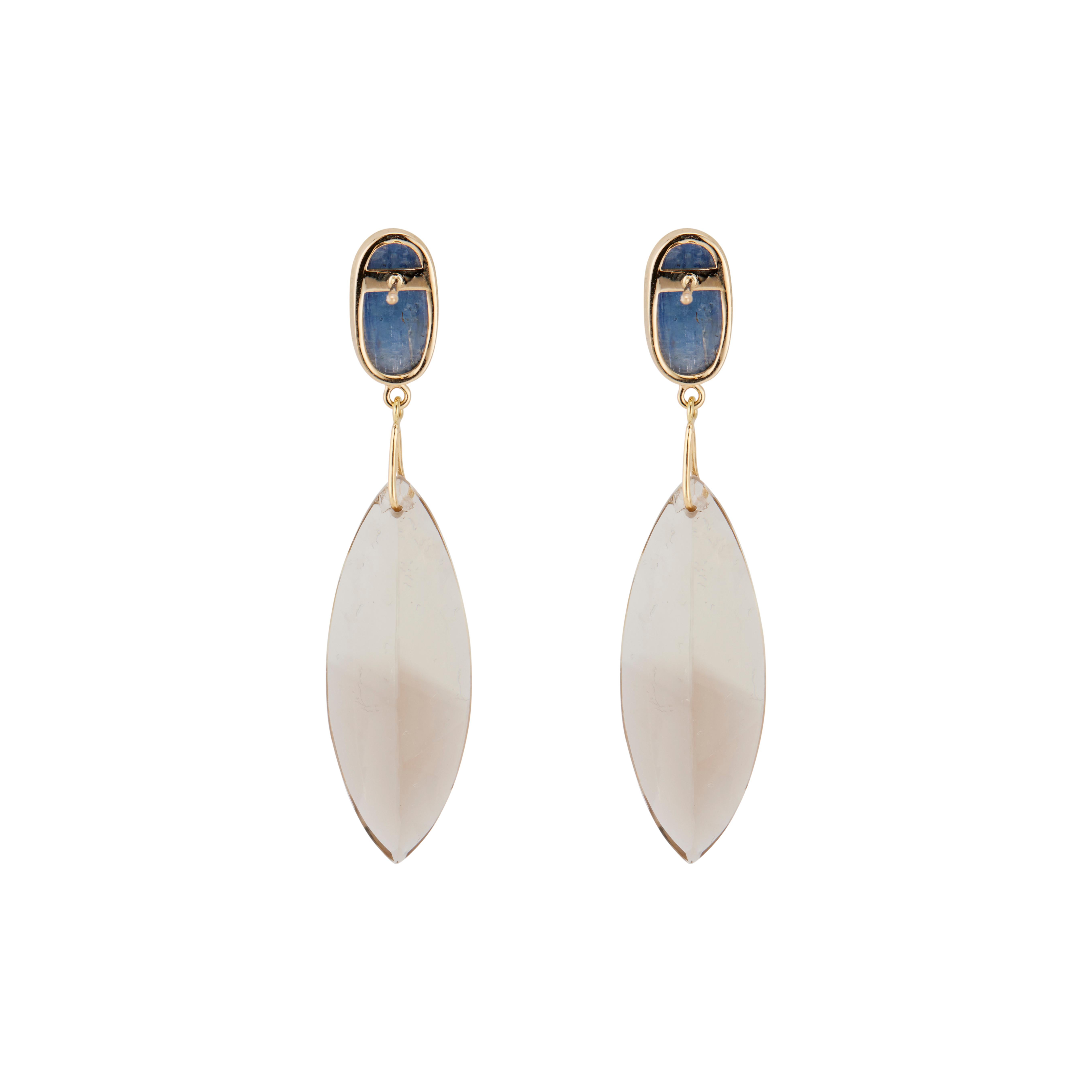 Diamond and quartz dangle earrings. 2 blue oval cabochon bezel set Cyanite, set in 14k yellow gold with two smoky quartz dangles. Designed and crafted in the Peter Suchy workshop. Note, these earring are very hard to photograph, picture three (side