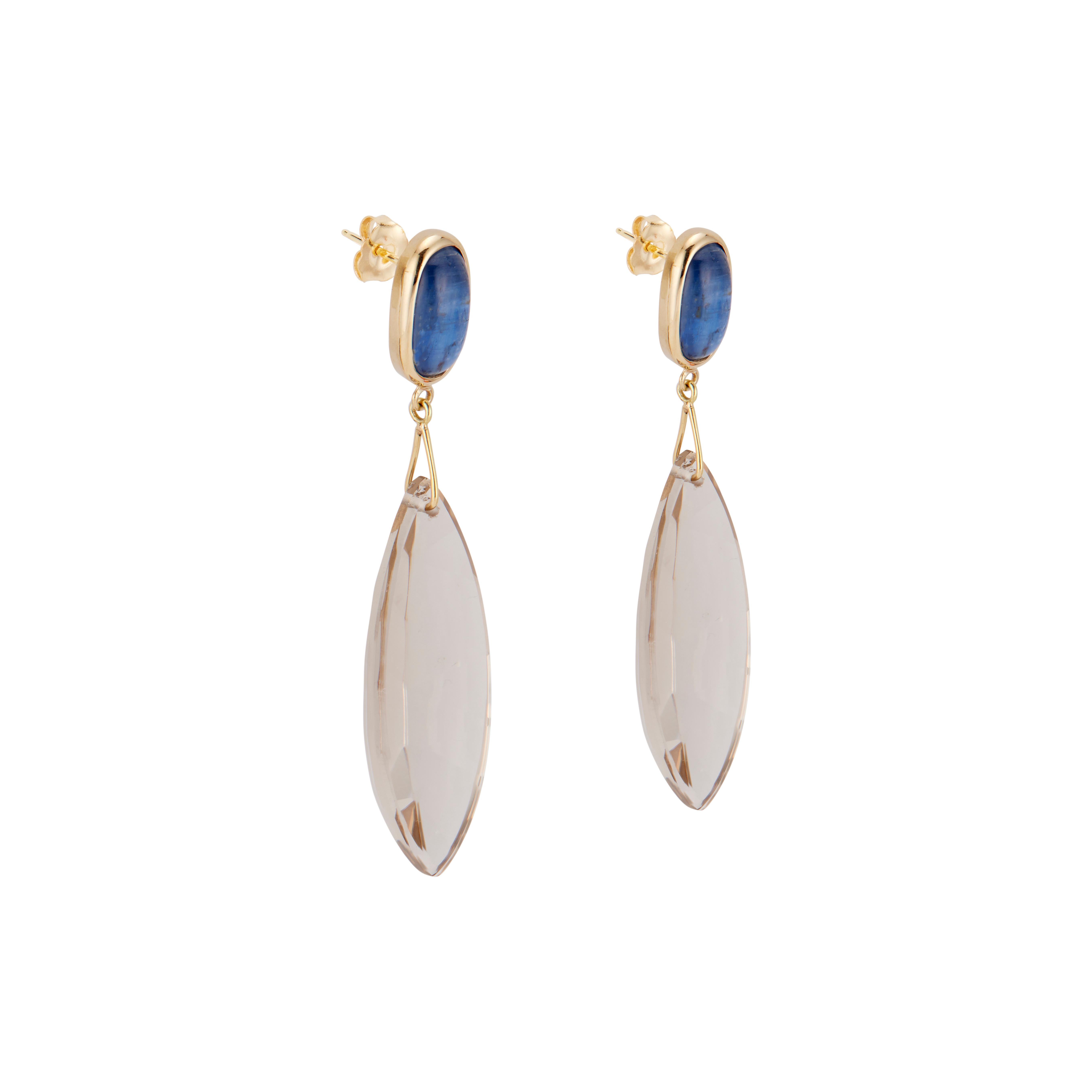 Taille ovale Pendants d'oreilles Peter Suchy en or jaune et quartz fumé avec cyanite en vente