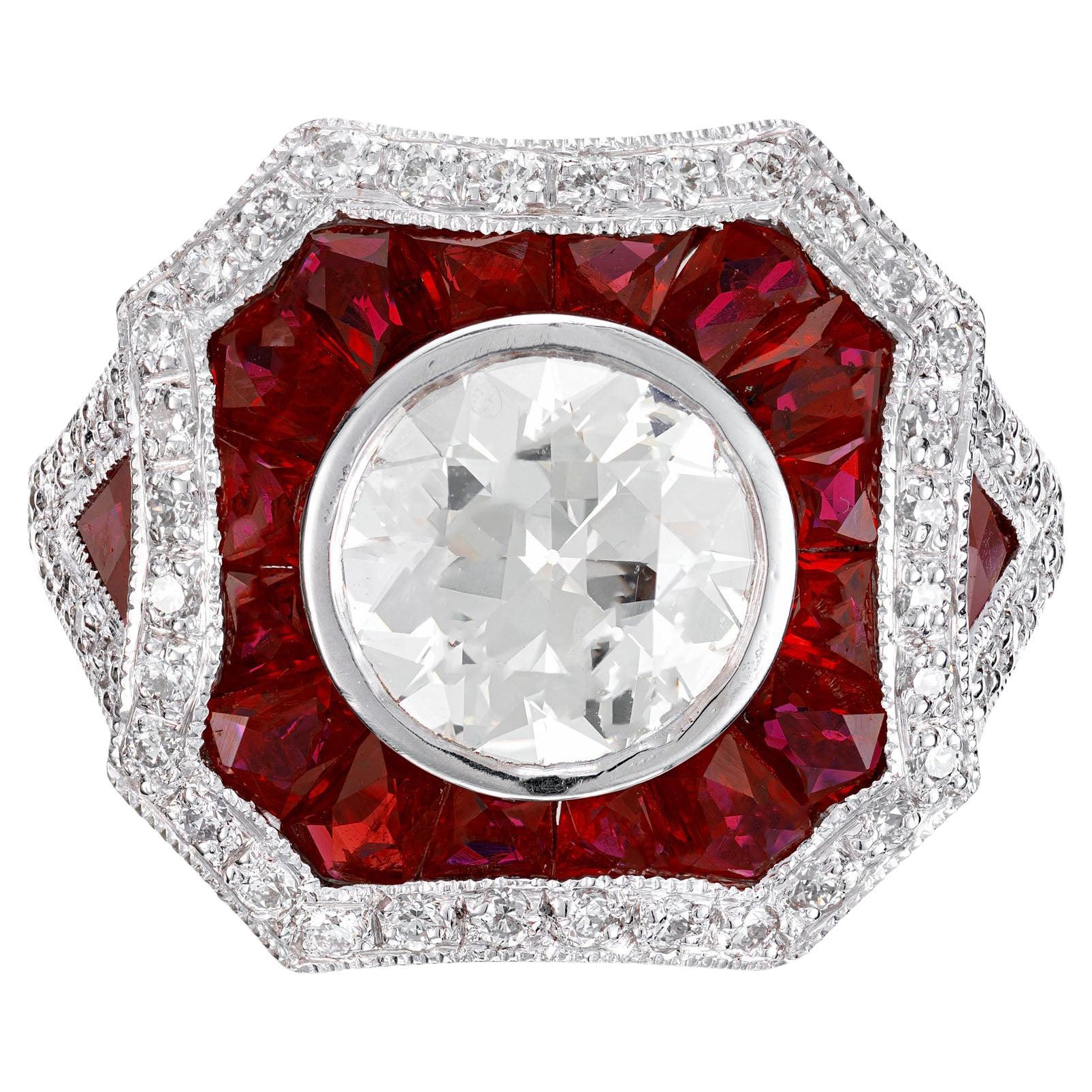 Peter Suchy GIA 1.75 Carat Round Diamond Ruby Halo Platinum Engagement Ring For Sale