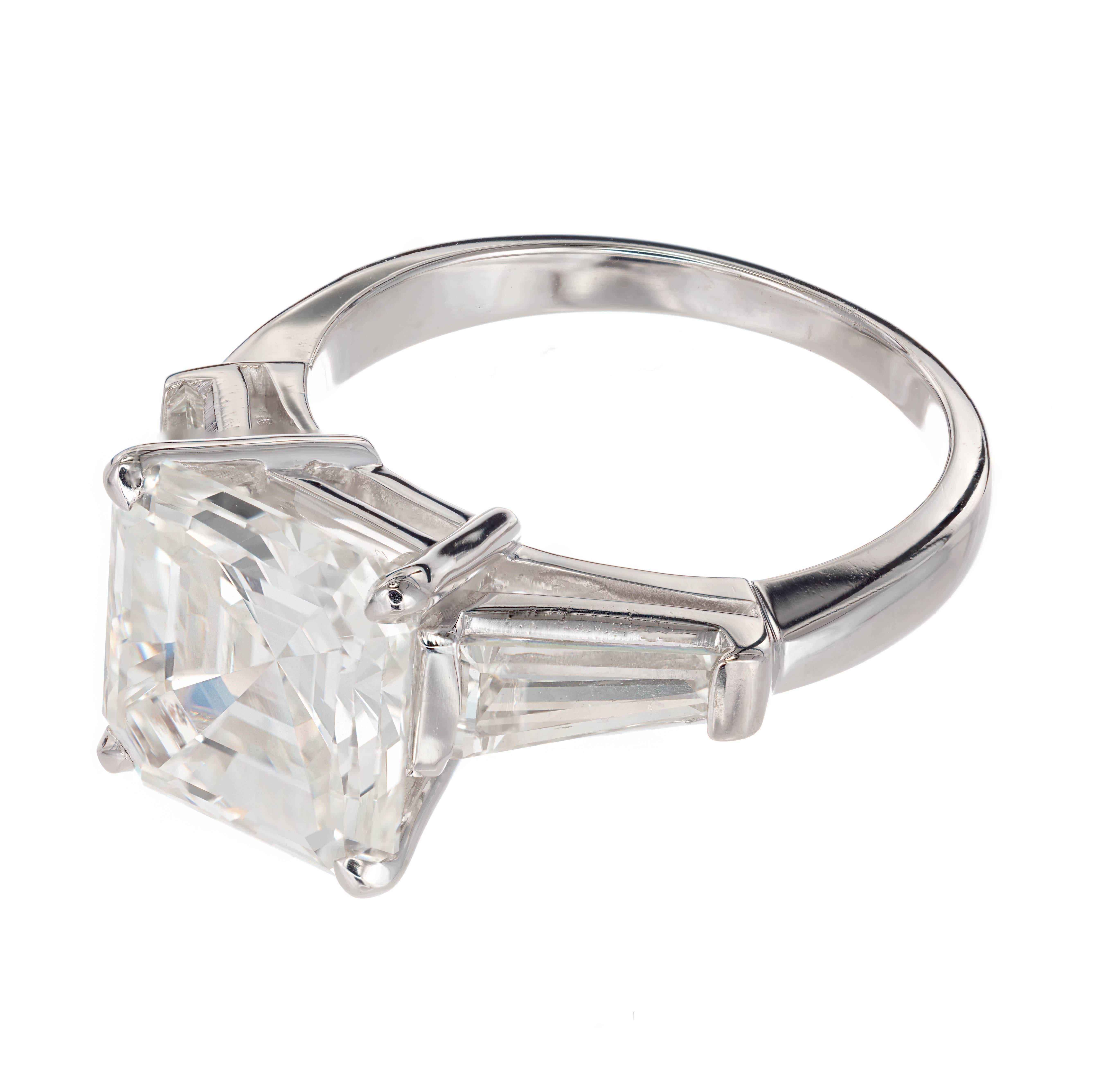 Asscher Cut Peter Suchy GIA 4.41 Carat Asscher Diamond Three-Stone Platinum Engagement Ring For Sale