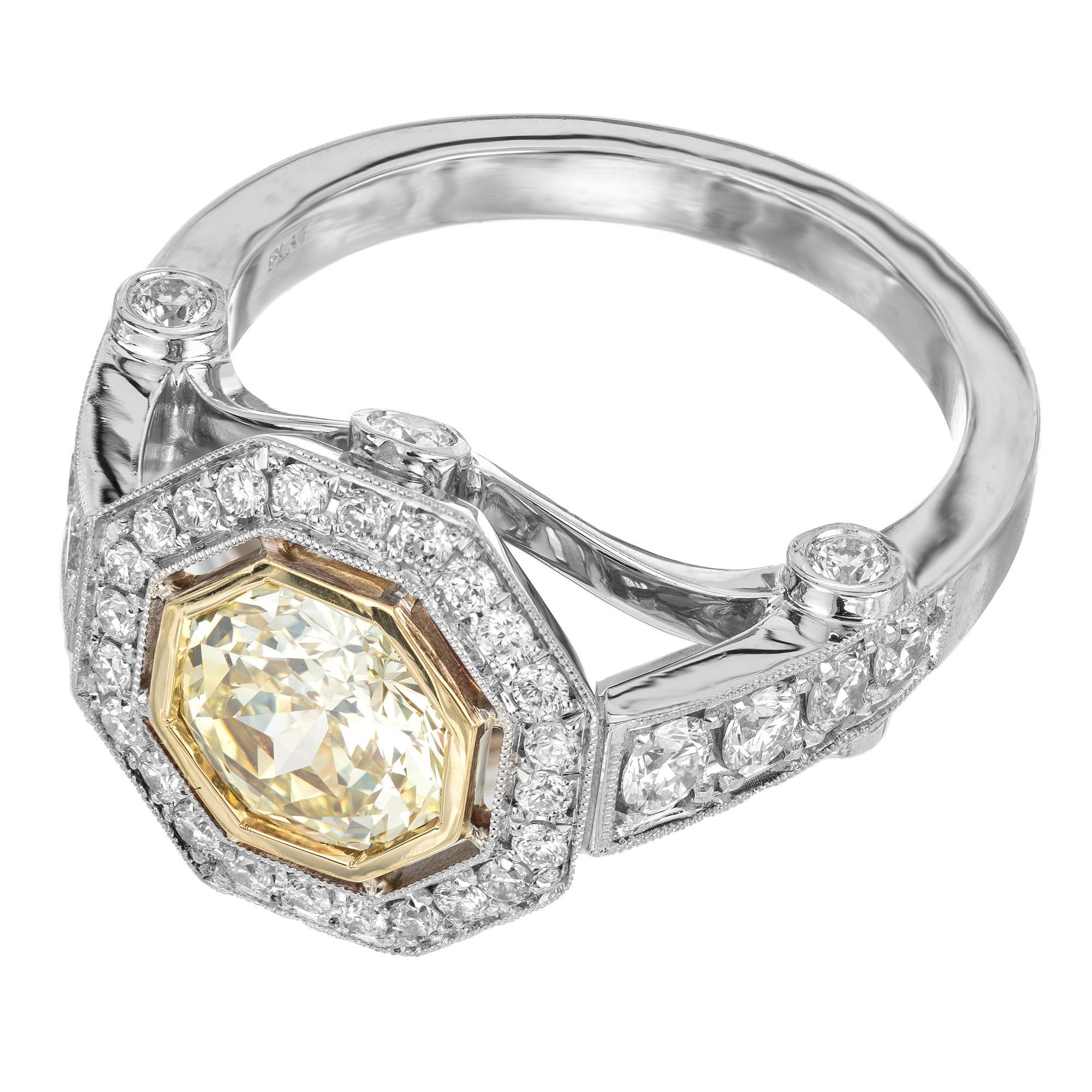 Octagon Cut Peter Suchy EGL 1.12 Carat Light Natural Yellow Diamond Platinum Engagement Ring For Sale