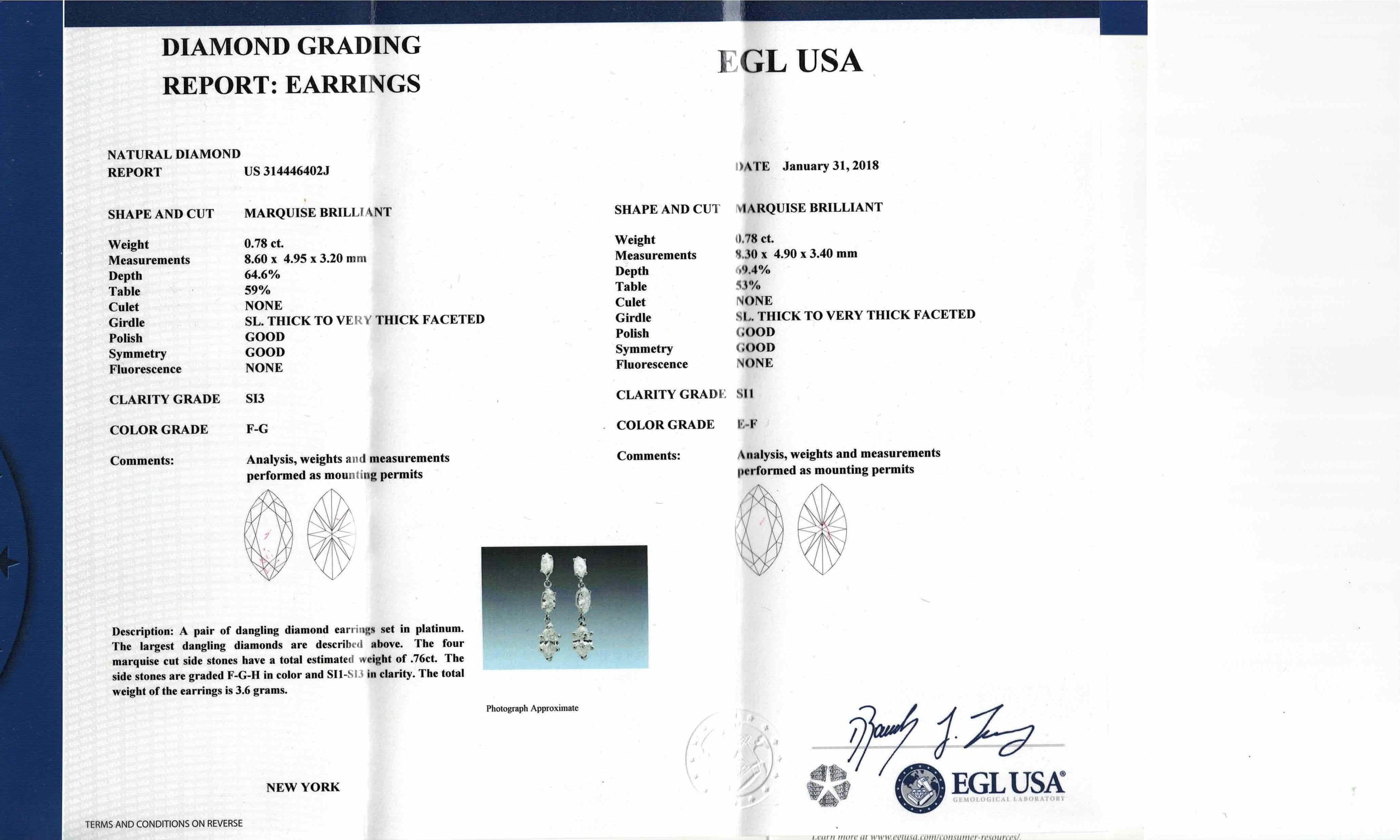 Peter Suchy EGL 2.32 Carat Marquise Triple Diamond Platinum Dangle Earrings In Excellent Condition For Sale In Stamford, CT