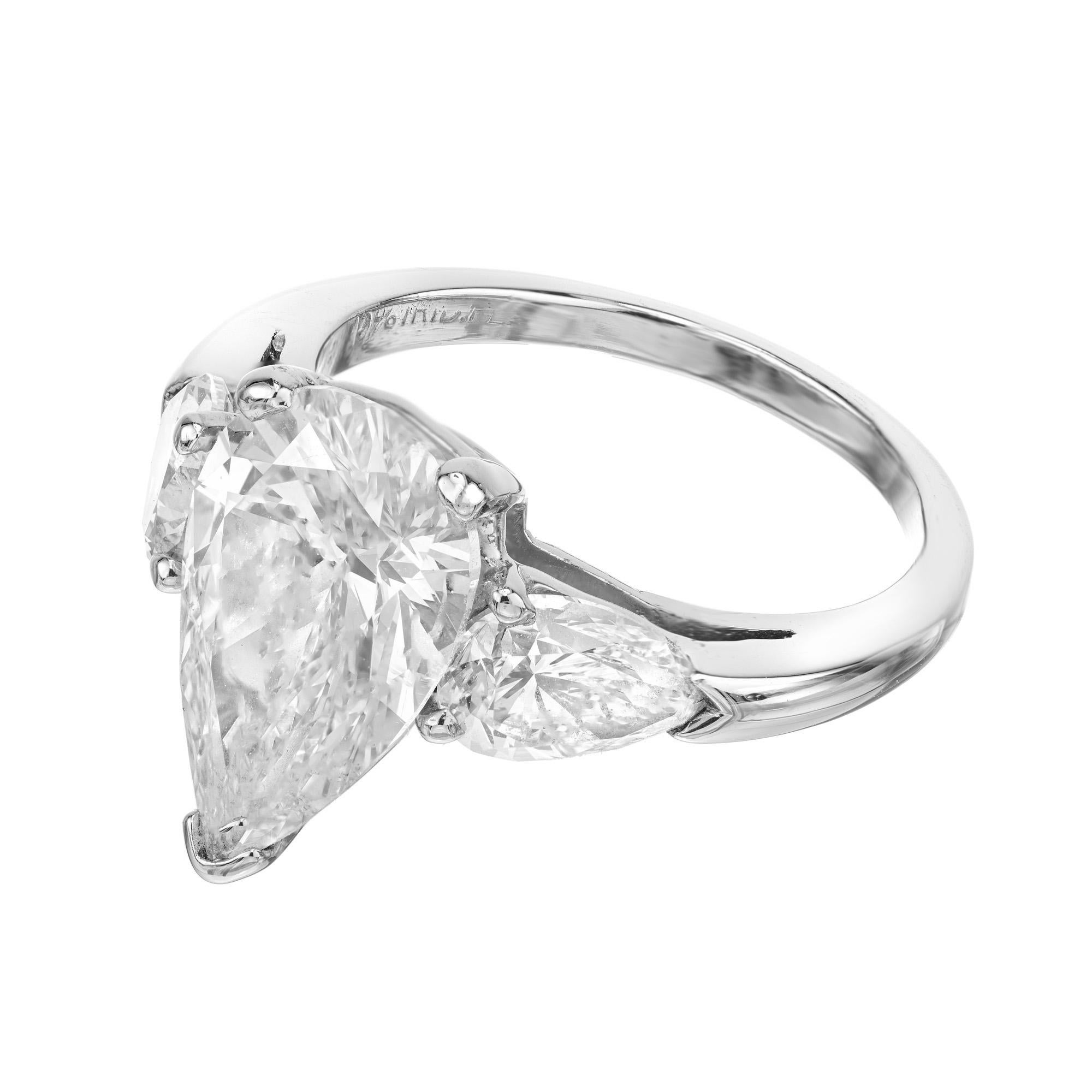Pear Cut Peter Suchy EGL 4.02 Carat Pear Diamond Platinum Three Stone Engagement Ring For Sale