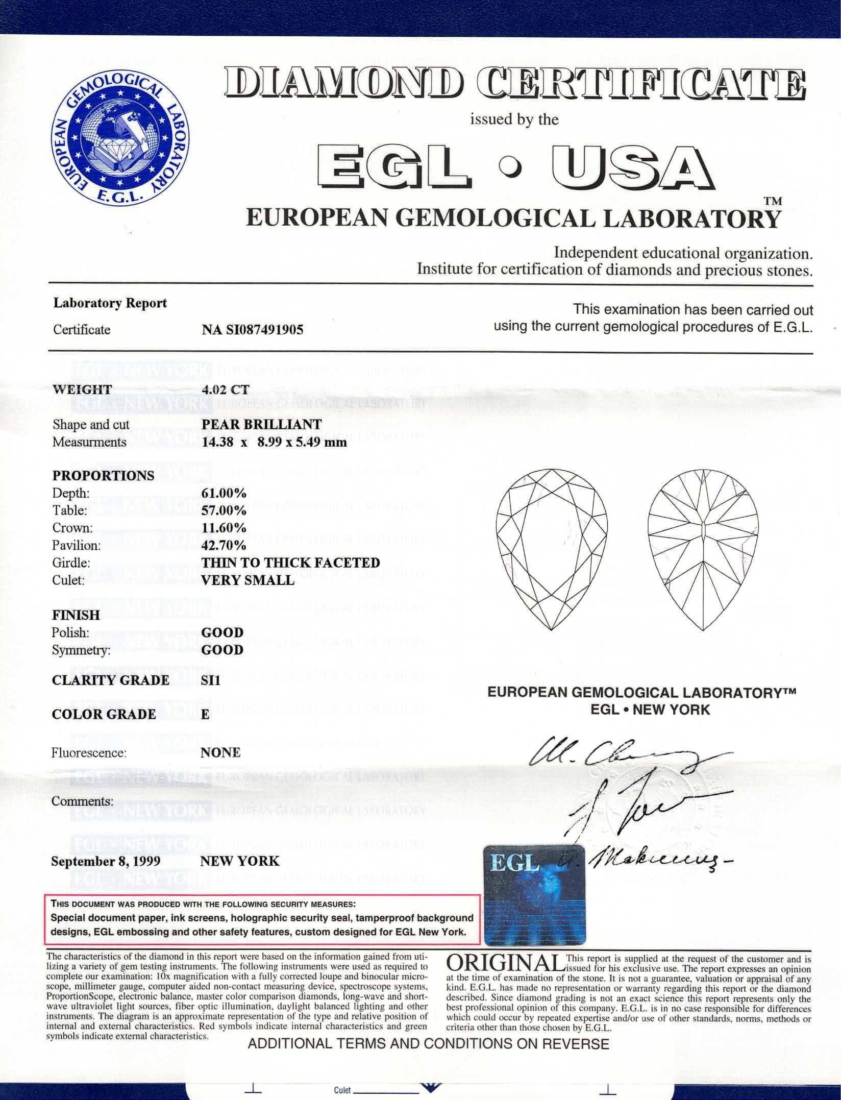 Peter Suchy EGL 4.02 Carat Pear Diamond Platinum Three Stone Engagement Ring In New Condition For Sale In Stamford, CT