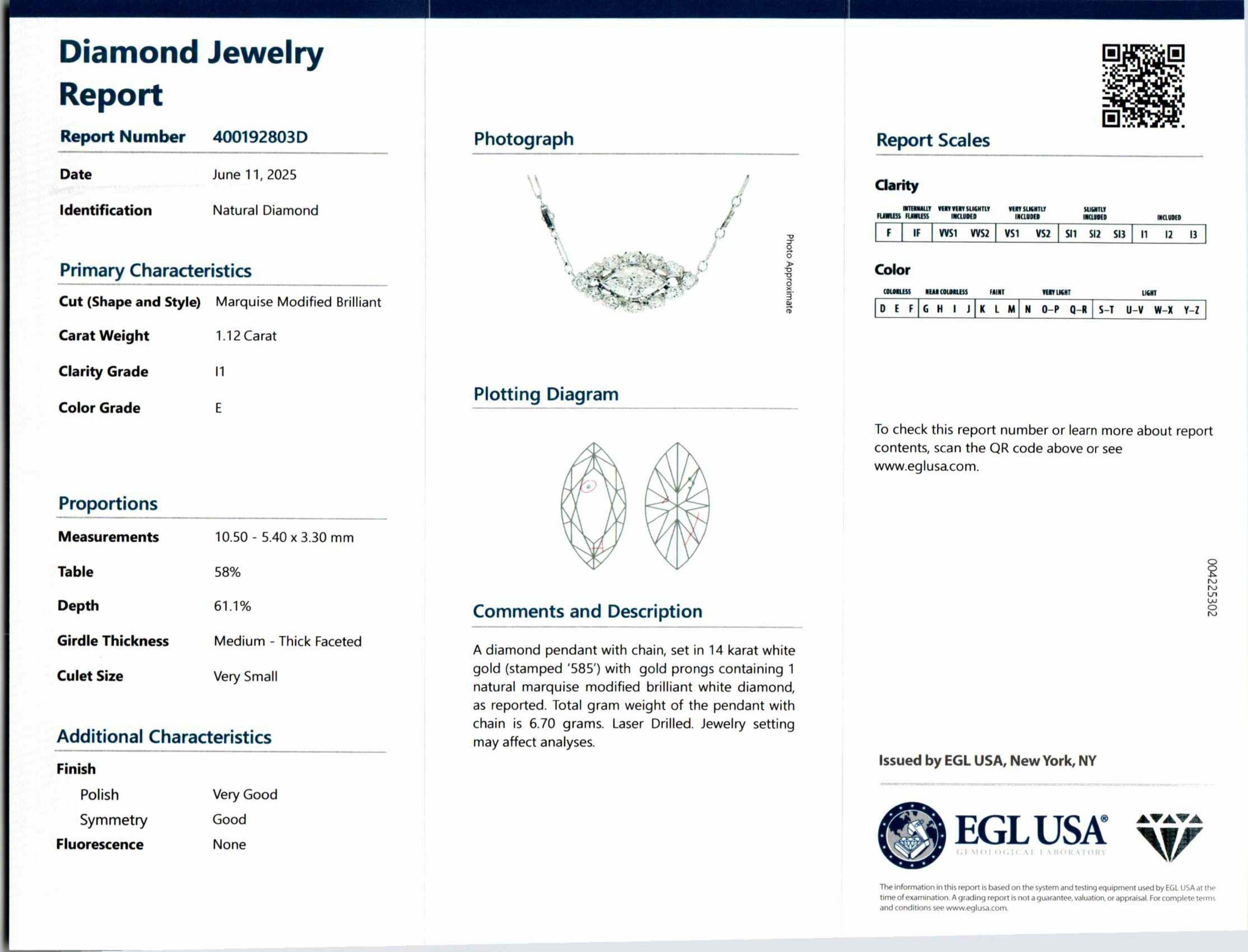 Peter Suchy - Collier en or blanc avec pendentif en diamant certifié EGL de 1,12 carat Neuf - En vente à Stamford, CT