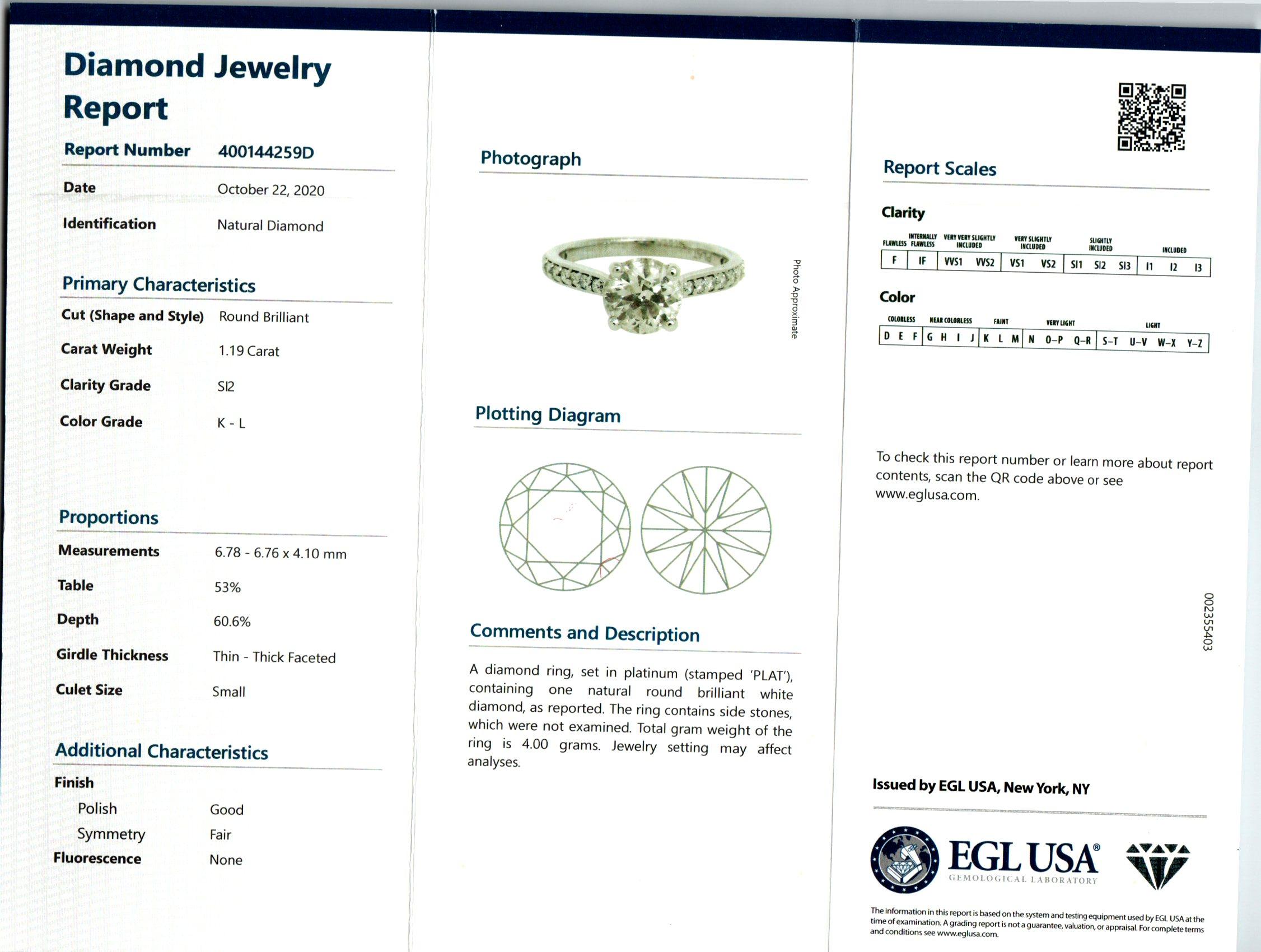 Peter Suchy EGL Certified 1.19 Carat Diamond Platinum Engagement Ring For Sale 2