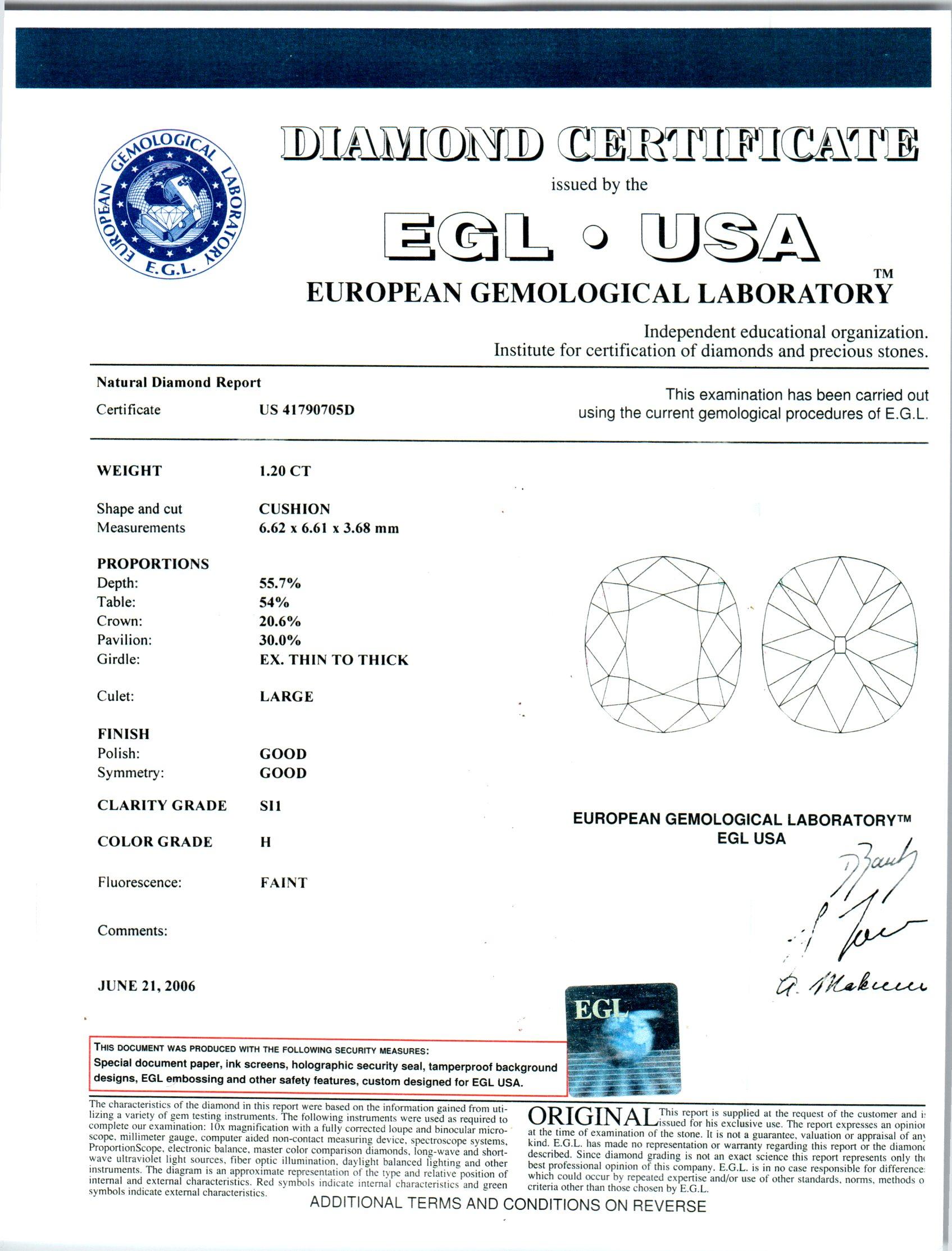 Verlobungsring, EGL-zertifizierter 1,20 Karat Diamant Platin von Peter Suchy (Kissenschliff) im Angebot