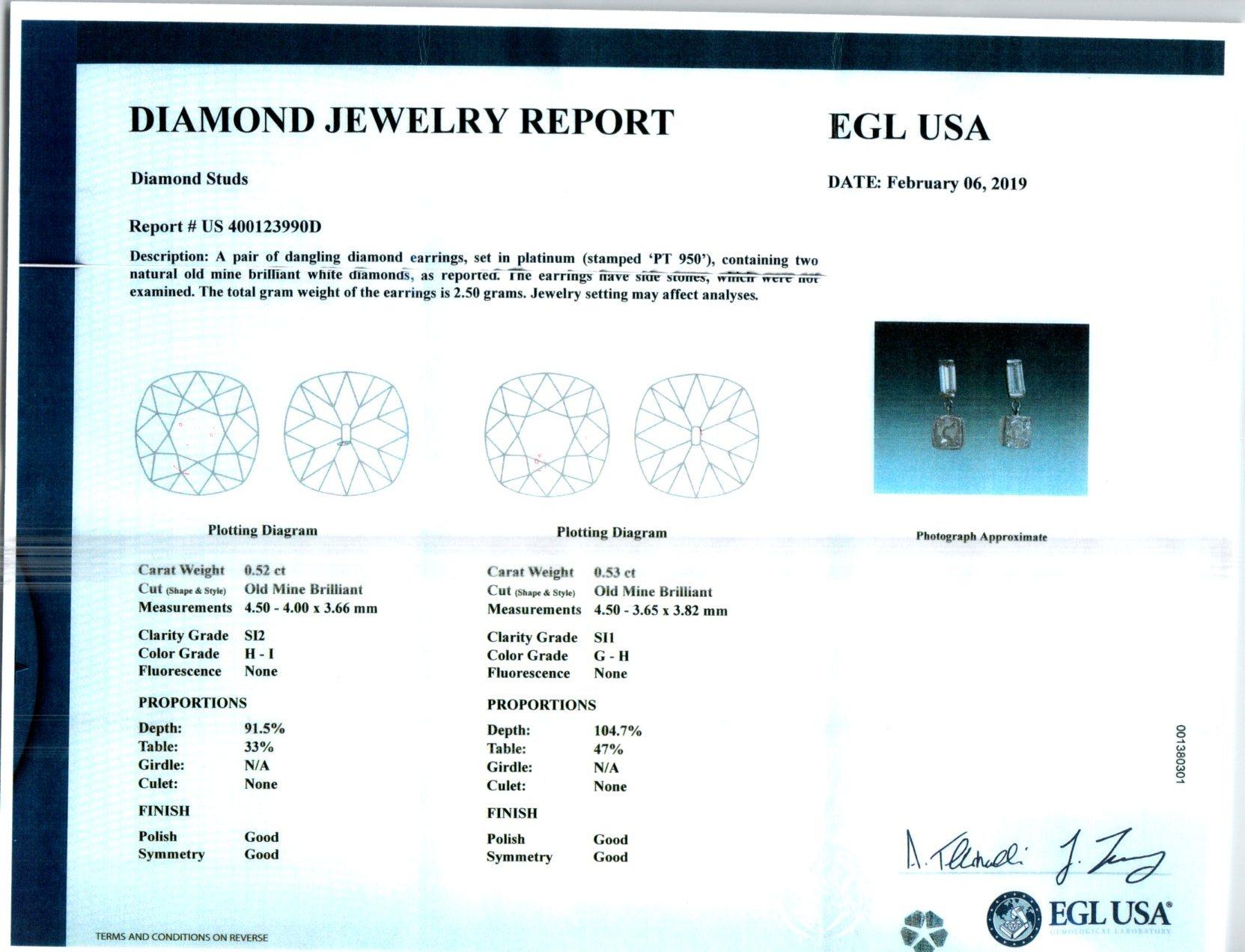 Peter Suchy EGL Certified 1.35 Carat Diamond Platinum Dangle Earrings For Sale 1