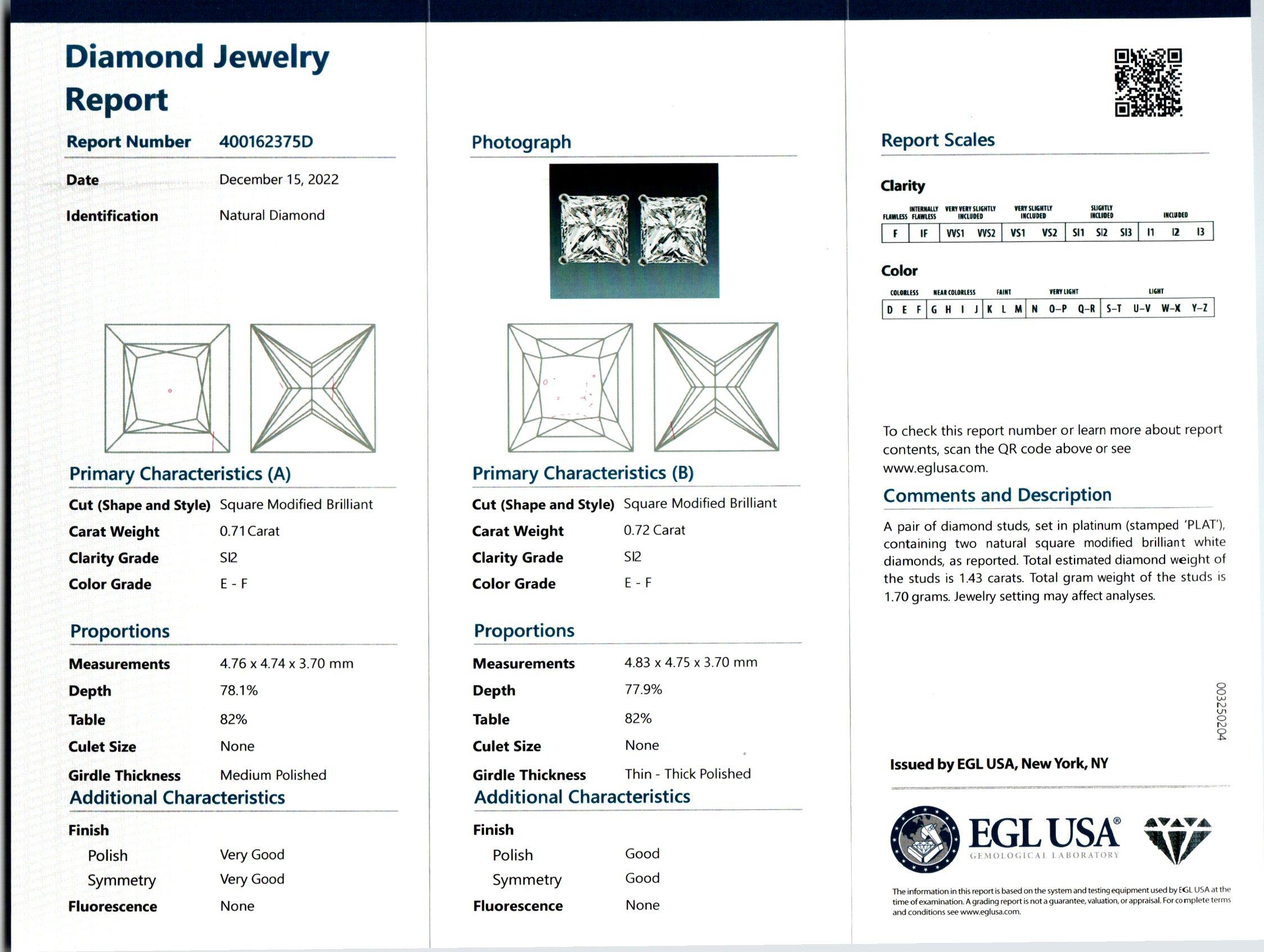 Square Cut Peter Suchy EGL Certified 1.43 Carat Square Diamond Platinum Stud Earrings For Sale