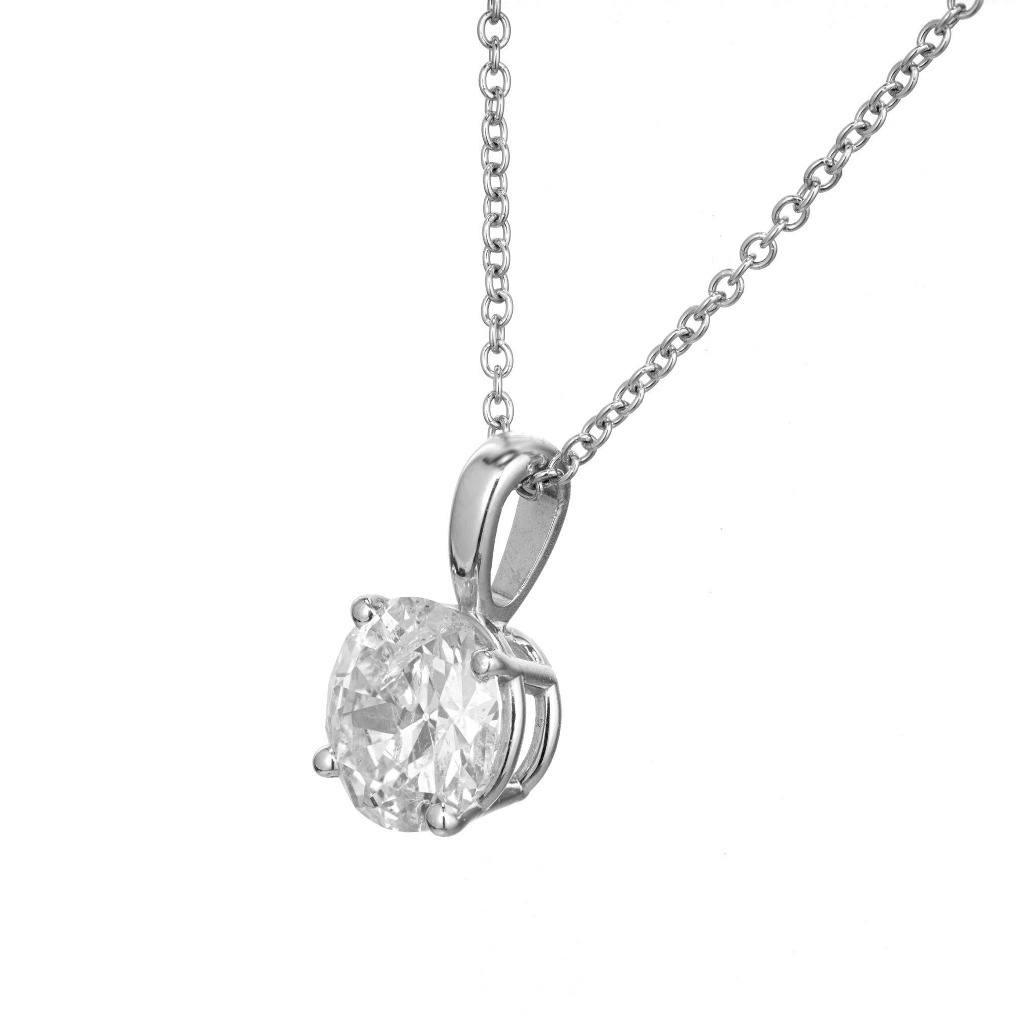 Designed and crafted in the Peter Suchy Workshop, This EGL certified 1.60ct round brilliant cut diamond sits in a classic four prong, platinum basket setting with a 18 inch platinum chain. Certified as H-I, near colorless. 

1 round brilliant cut