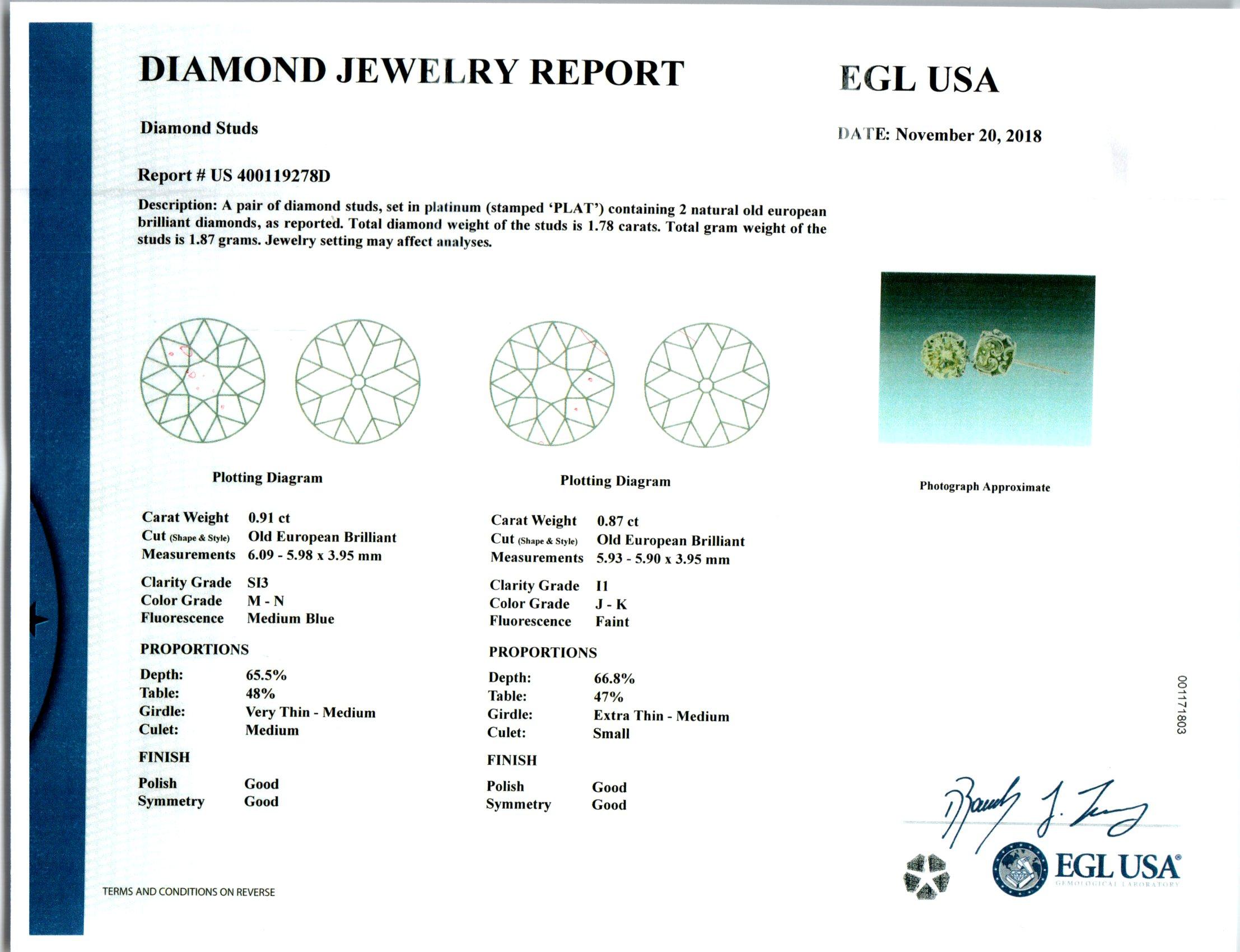 Peter Suchy EGL Certified 1.73 Carat Diamond Platinum Stud Earrings In Good Condition In Stamford, CT