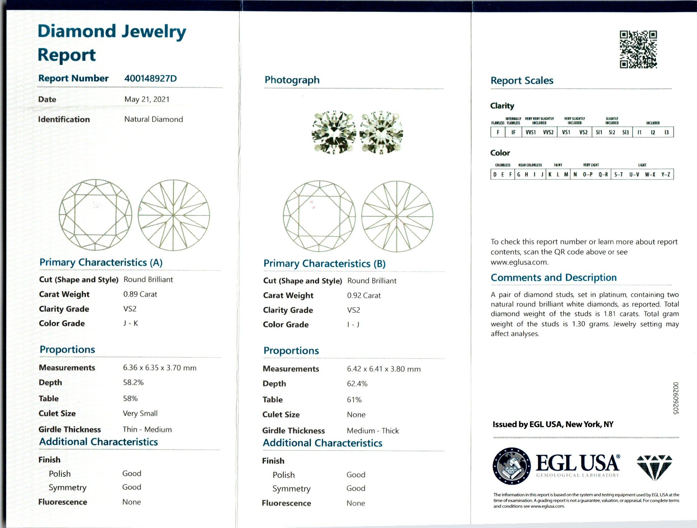 Round Cut Peter Suchy EGL Certified 1.81 Carat Diamond Platinum Stud Earrings For Sale