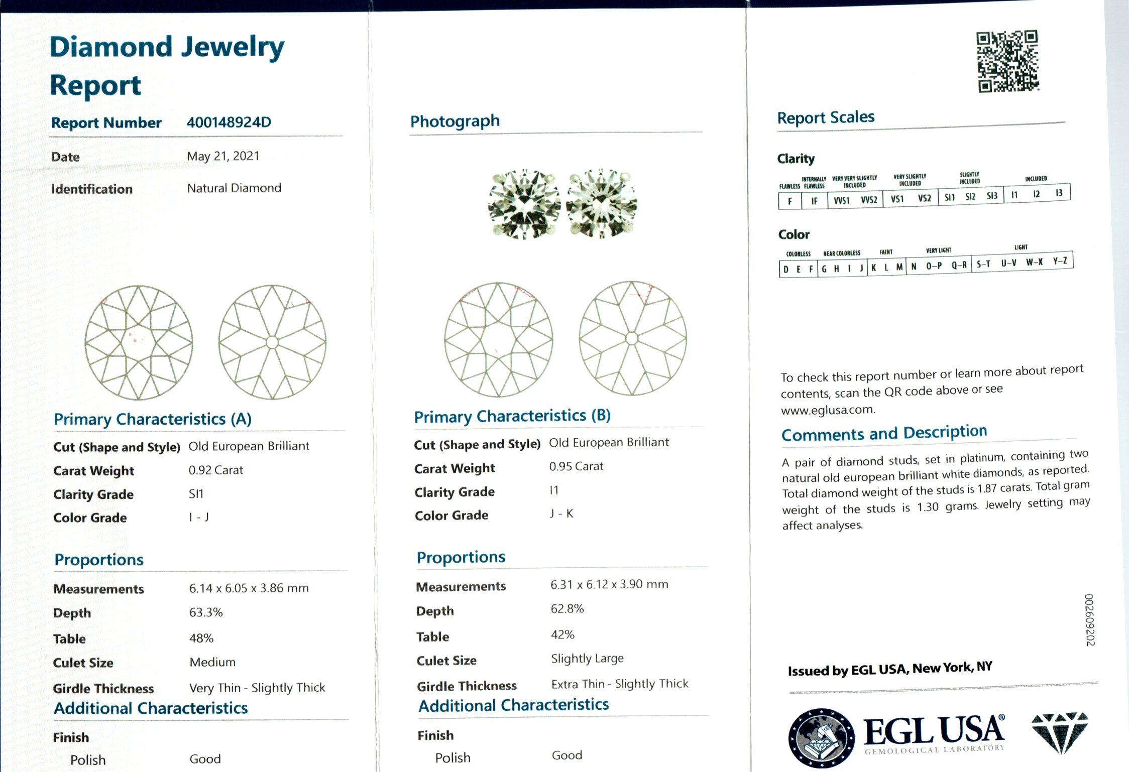 Peter Suchy EGL Certified 1.87 Carat Diamond Platinum Stud Earrings In New Condition For Sale In Stamford, CT