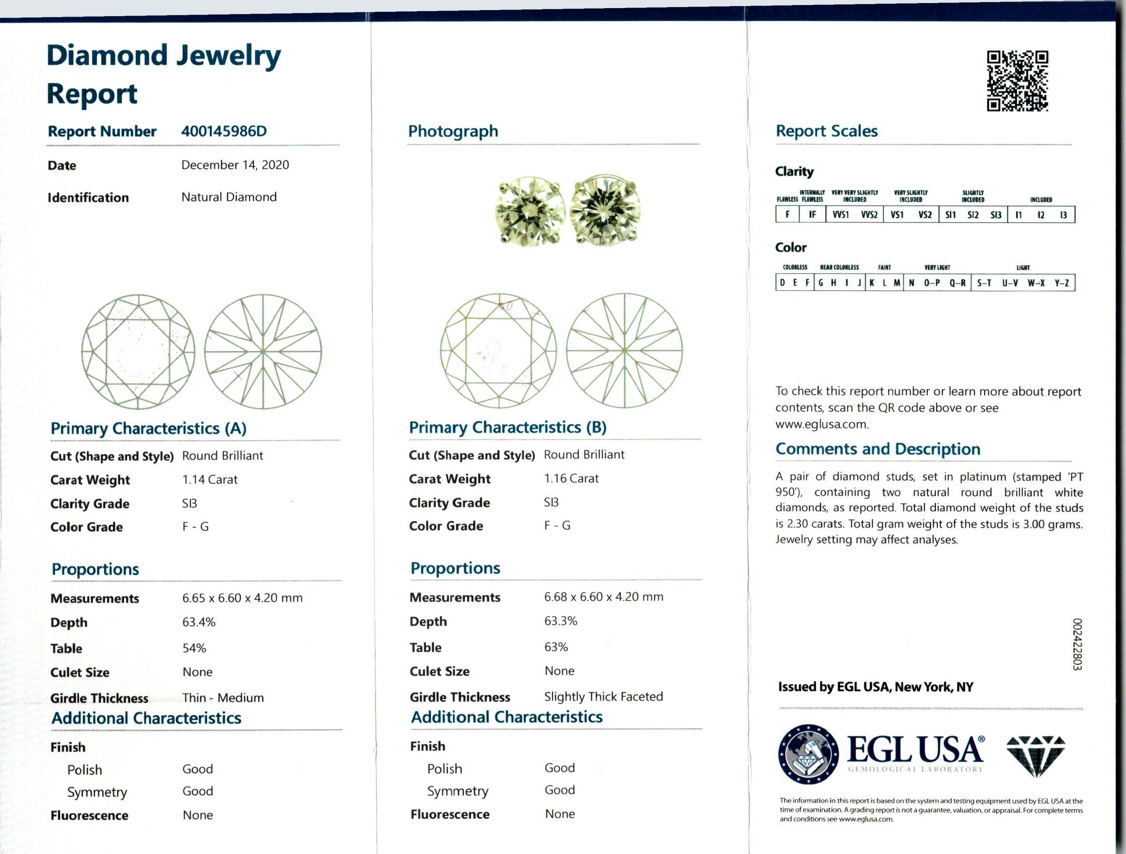 Ohrstecker aus Platin mit EGL-zertifiziertem 2,29 Karat Diamanten von Peter Suchy im Zustand „Neu“ im Angebot in Stamford, CT