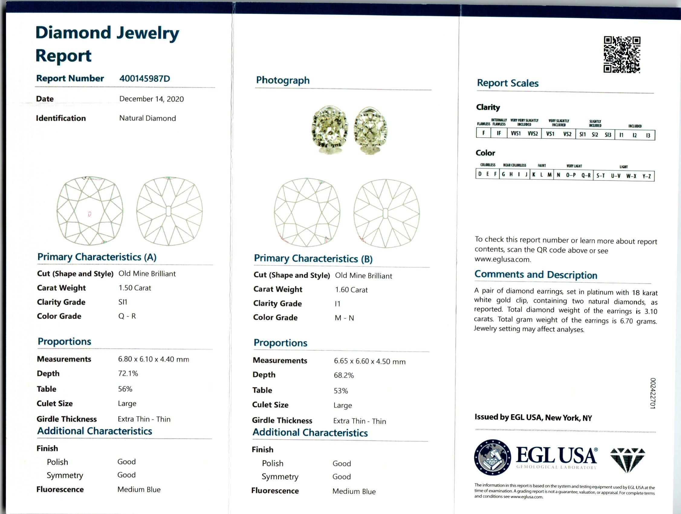 Old Mine Cut Peter Suchy EGL Certified 3.10 Carat Diamond Platinum Stud Earrings For Sale