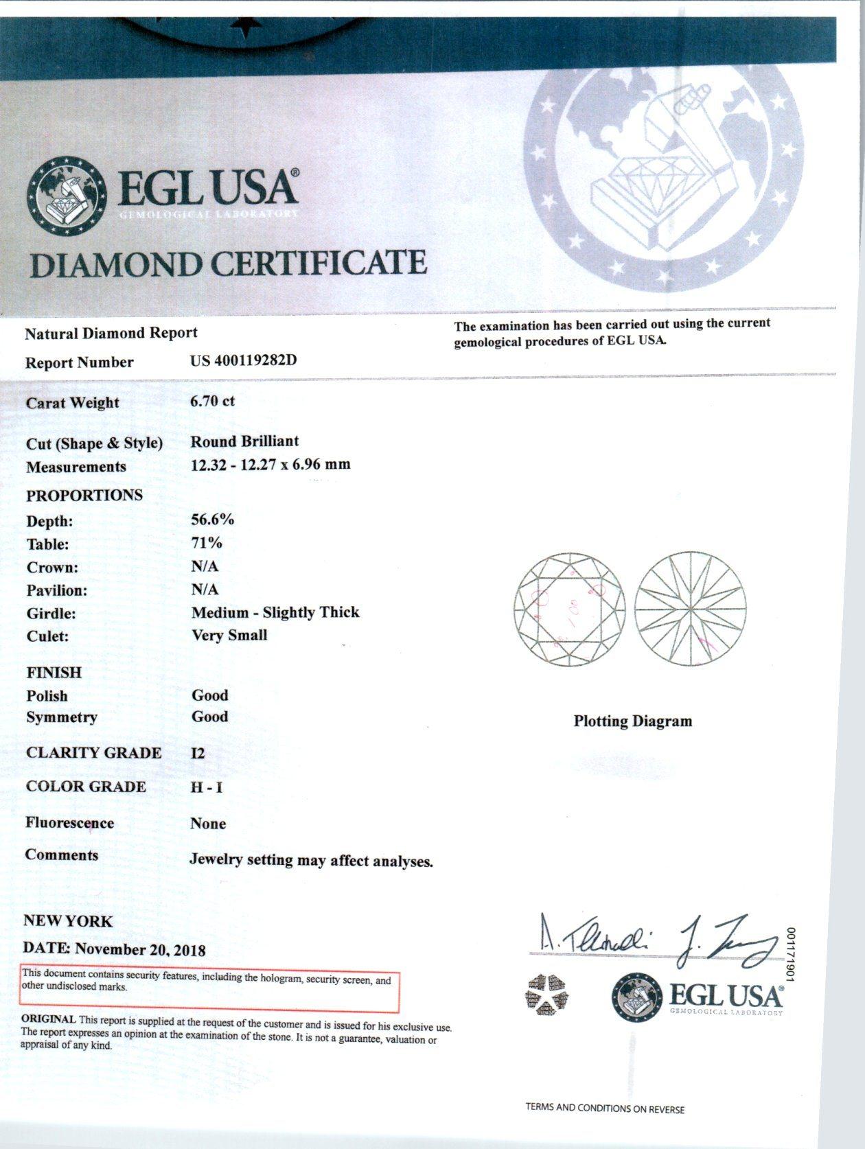 Peter Suchy EGL Certified 6.72 Carat Diamond Platinum Pendant Necklace 1