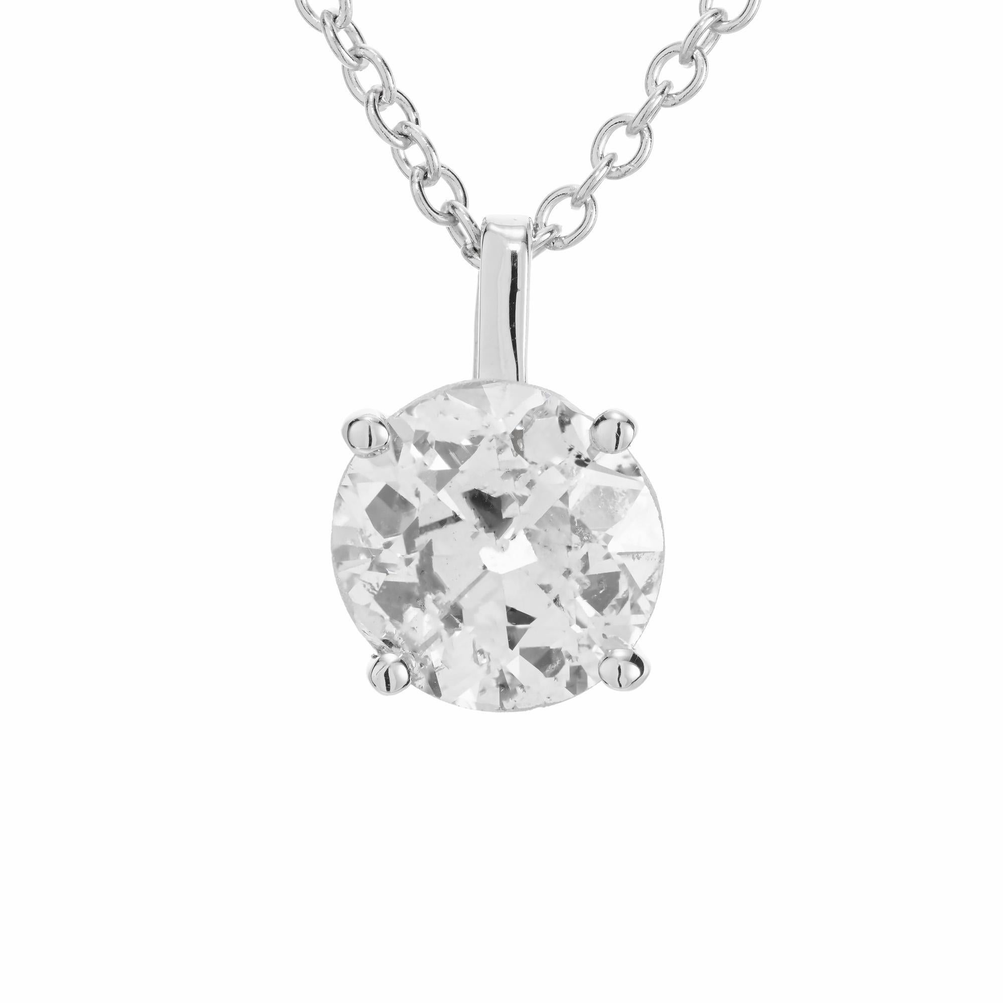 Diamond pendant necklace. Old European cut diamond set in a 14k white gold basket pendant setting. 14k white gold 16 inch chain. Designed and crafted in the Peter Suchy workshop.

1 old European cut diamond, F-G I approx. .76cts EGL Certificate #