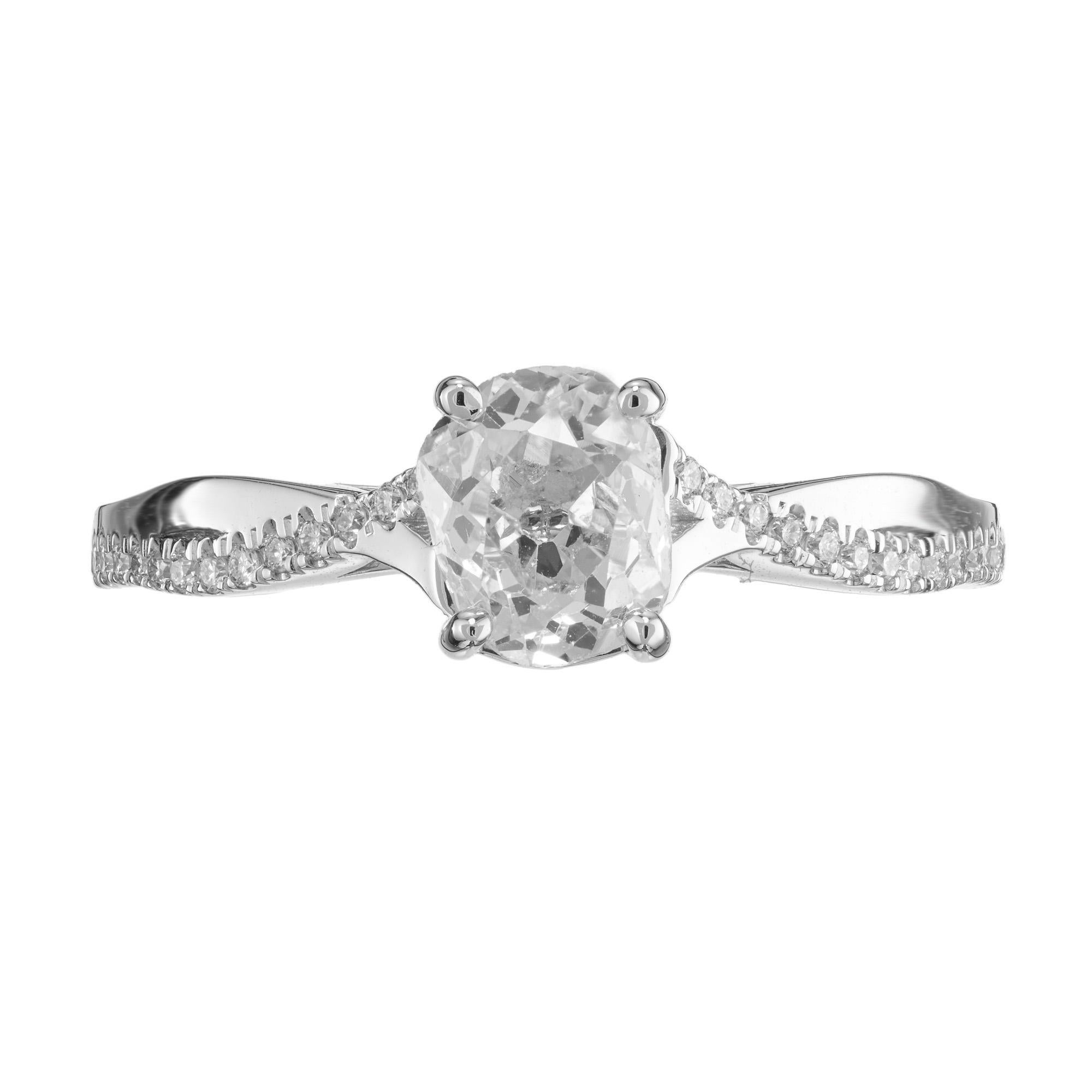 Old mine diamond engagement ring. The diamond at the center of this piece is a .79ct old mine brilliant cut diamond set in a 14k white mounting. the diamond is from 1850-1870's, pre conflict. Unparalleled brilliance, radiating purity and beauty.