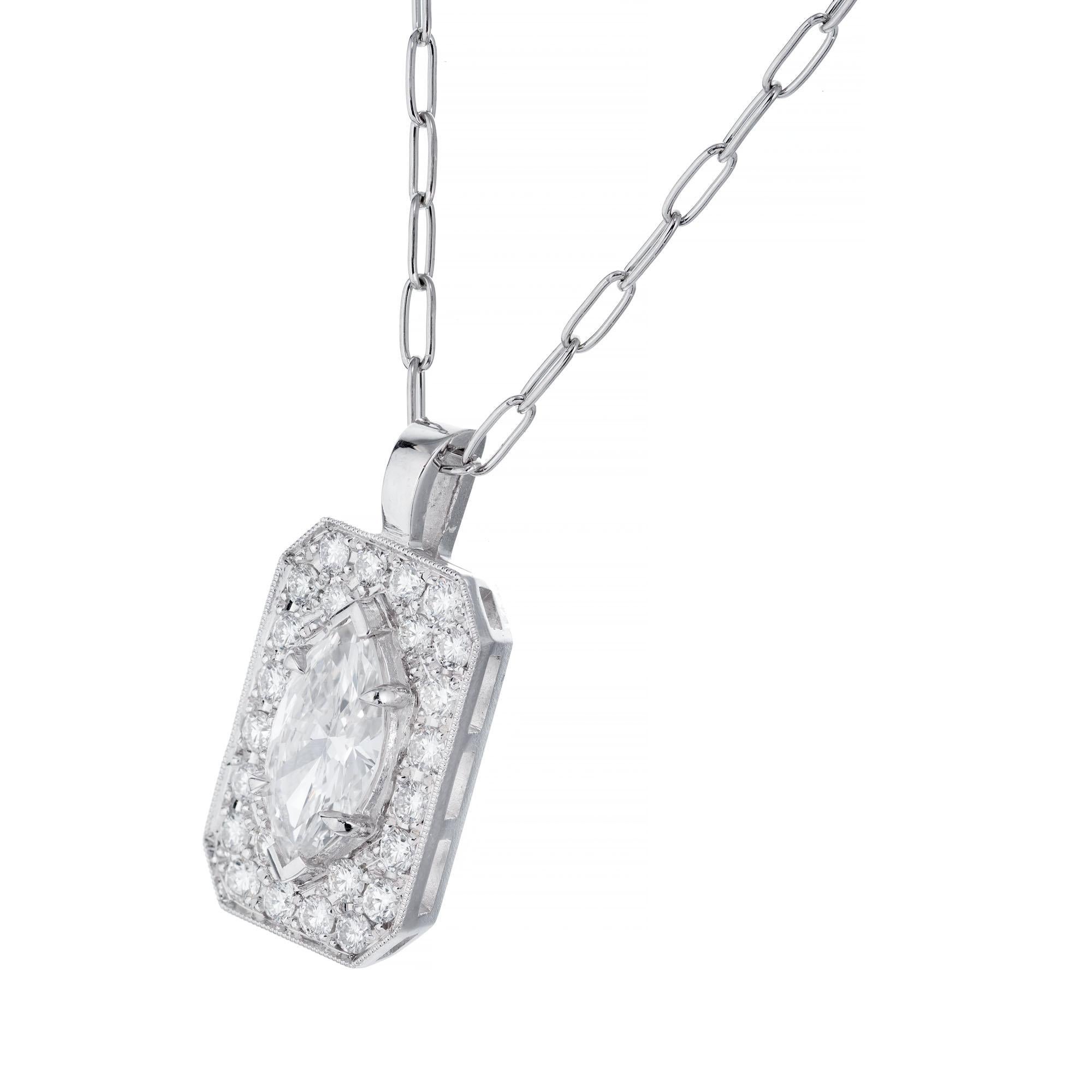 Octagonal shape pave set halo frame with full cut diamonds surrounding an original EGL certified 1.00 carat Marquise diamond. 16 inch platinum chain. 

1 Marquise cut diamond, approx. total weight .82cts, G, VS2, 9.73 x 5.14 x 2.85mm, EGL