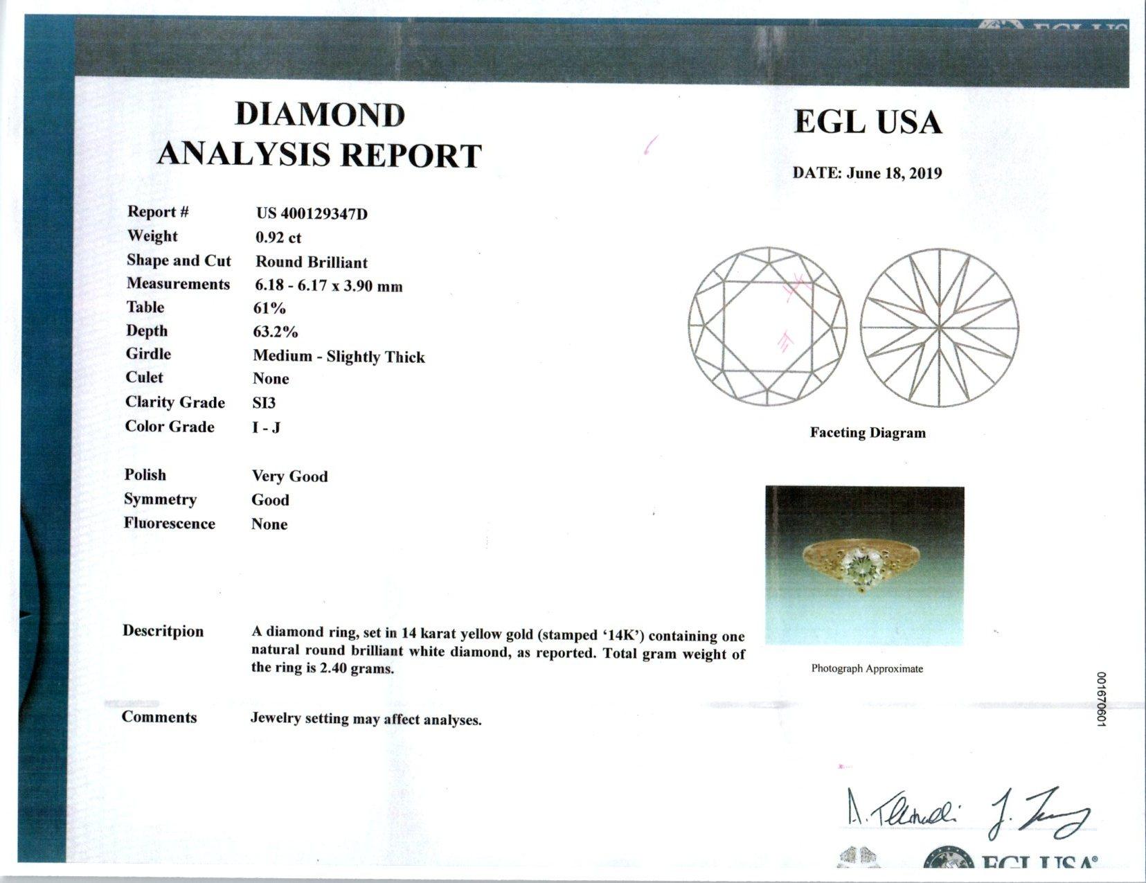 Peter Suchy Bague de fiançailles en or jaune certifiée EGL avec un diamant de 0,92 carat 2