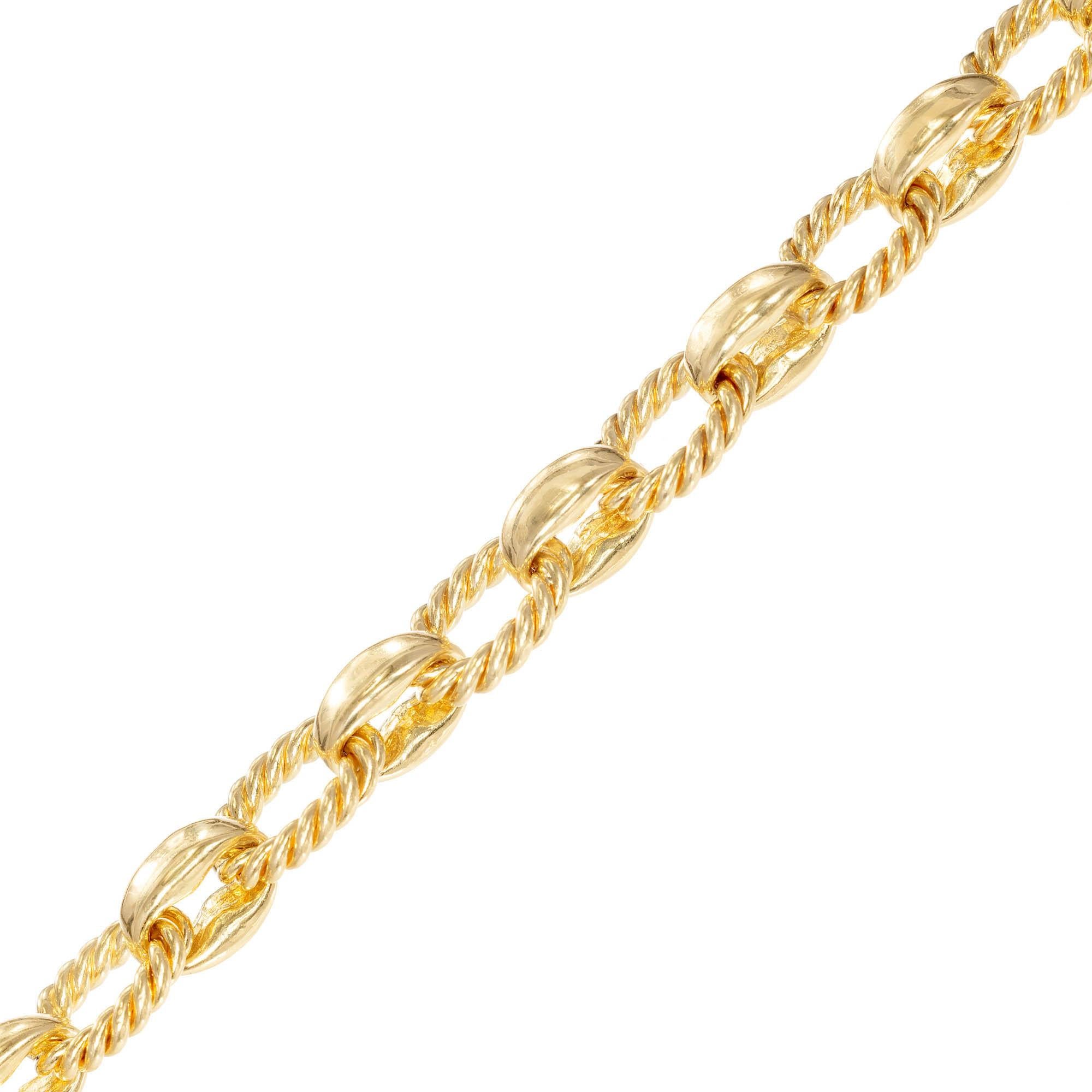 Peter Suchy Fancy link chain in 18k corrugated oval links fastened by narrower high polish links for 24 ½ Inch total with a lobster catch. 

18k Yellow gold
Stamped: 750
102.1 Grams
Bracelet/Chain: 24 ½ Inches
Width: 8.45mm
Thickness/Depth: 6.61
