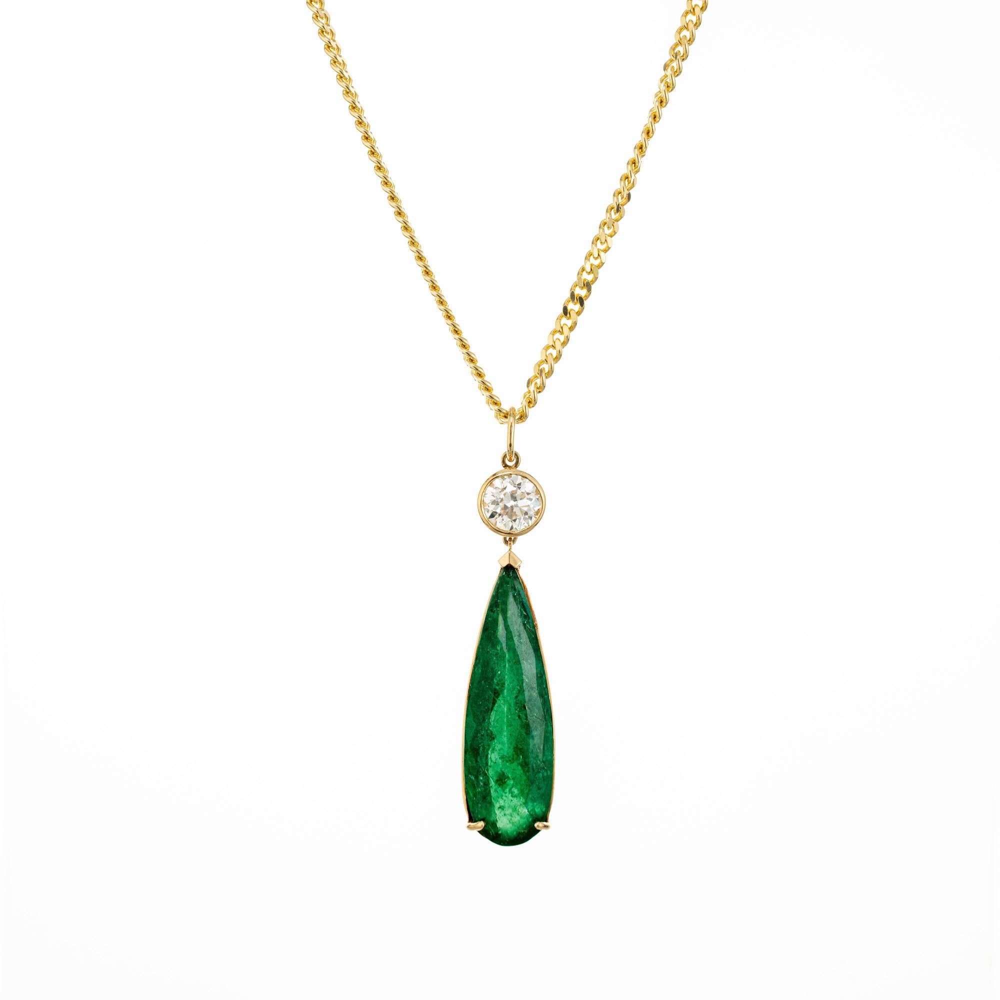 Women's Peter Suchy GIA 10.09 Carat Columbian Pear Emerald Diamond Gold Pendant Necklace For Sale