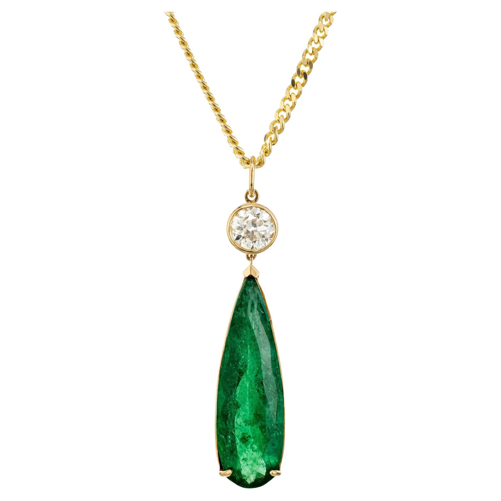 Peter Suchy GIA 10.09 Carat Columbian Pear Emerald Diamond Gold Pendant Necklace For Sale