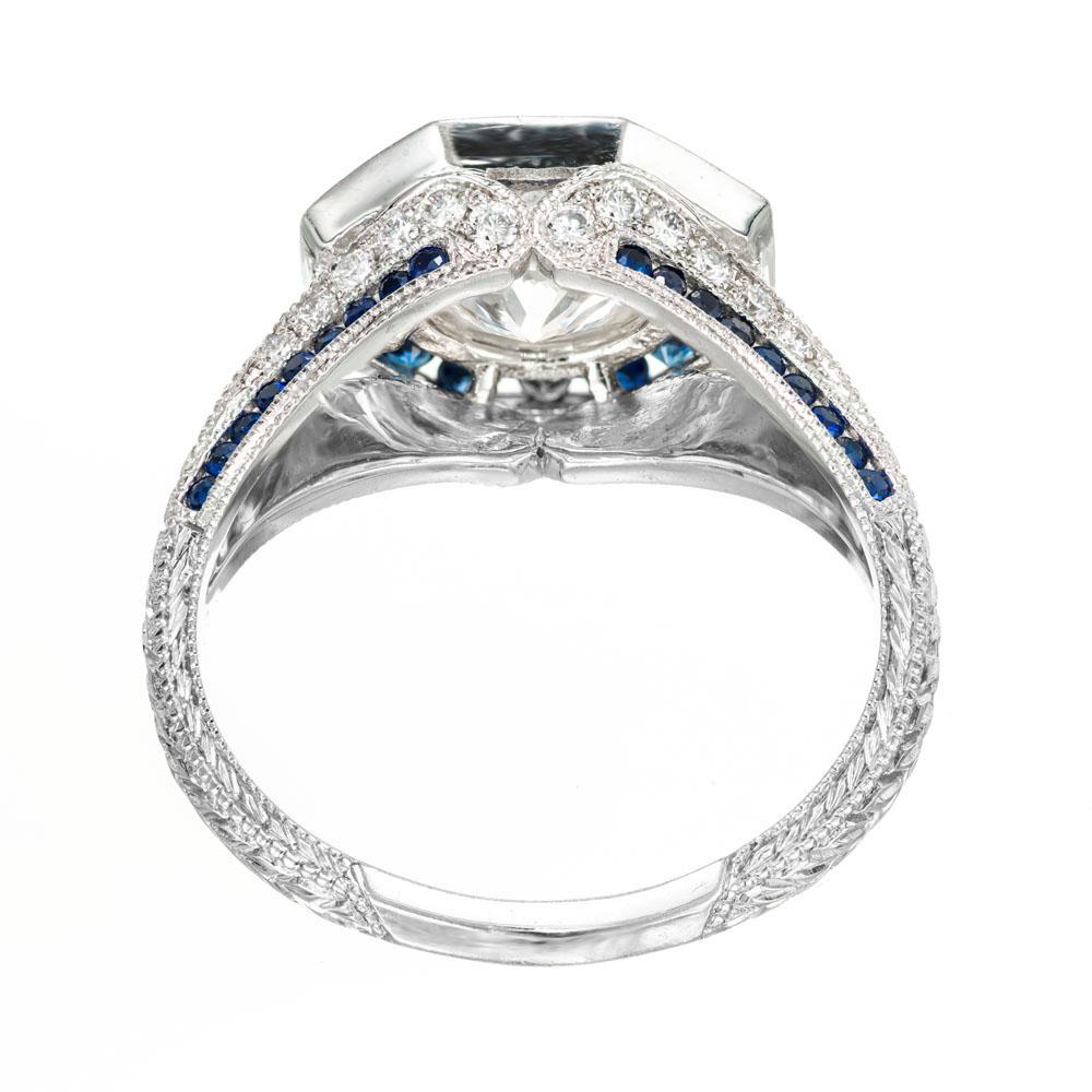 Bague de fiançailles Peter Suchy en platine avec halo de diamants et saphirs de 1,23 carat certifiés GIA en vente 1