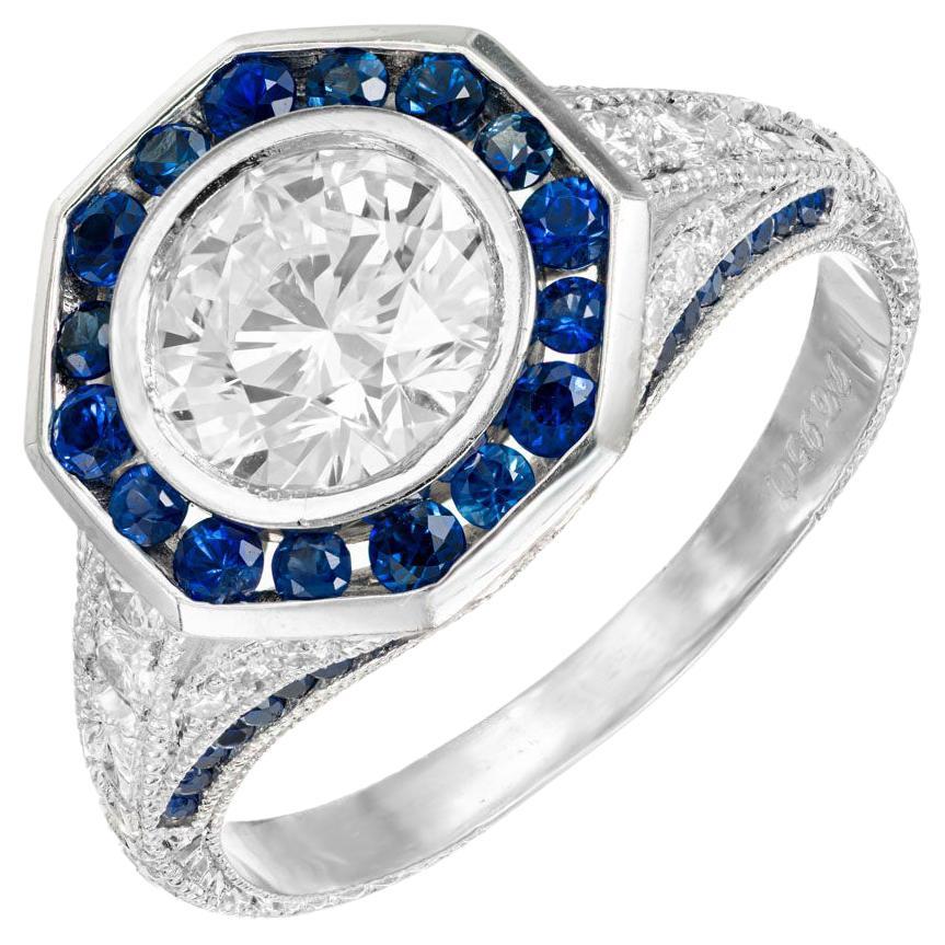 Bague de fiançailles Peter Suchy en platine avec halo de diamants et saphirs de 1,23 carat certifiés GIA en vente