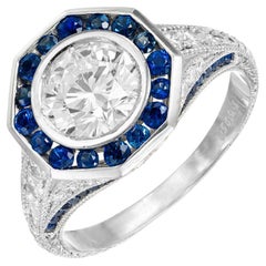 Bague de fiançailles Peter Suchy en platine avec halo de diamants et saphirs de 1,23 carat certifiés GIA