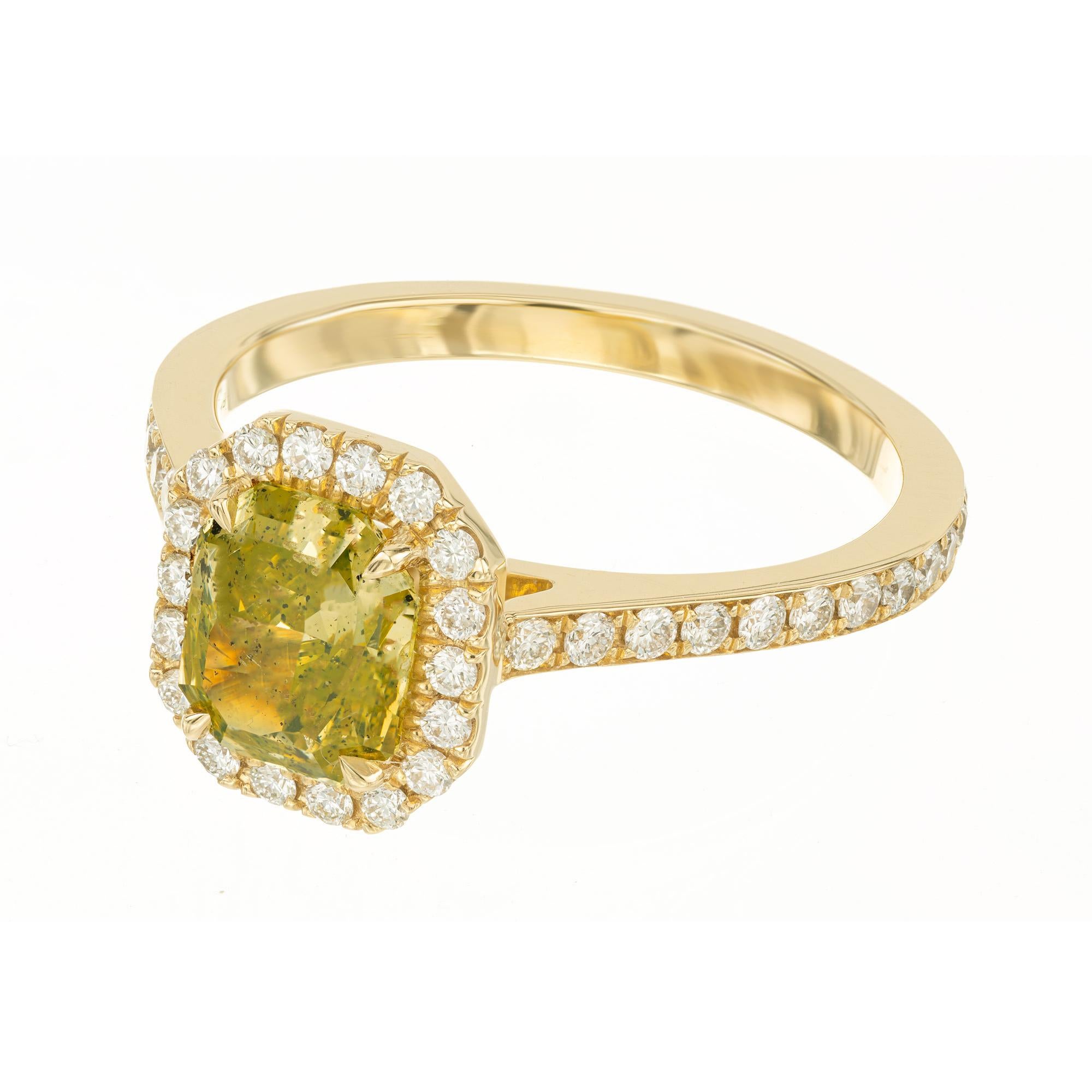 Emerald Cut Peter Suchy GIA 1.27 Carat Green Yellow Diamond Halo Yellow Gold Engagement Ring For Sale