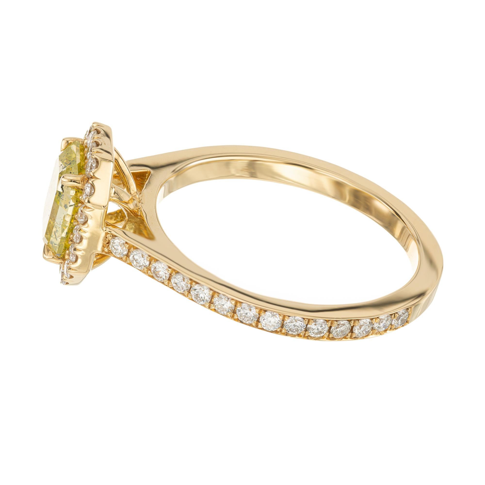 Men's Peter Suchy GIA 1.27 Carat Green Yellow Diamond Halo Yellow Gold Engagement Ring For Sale