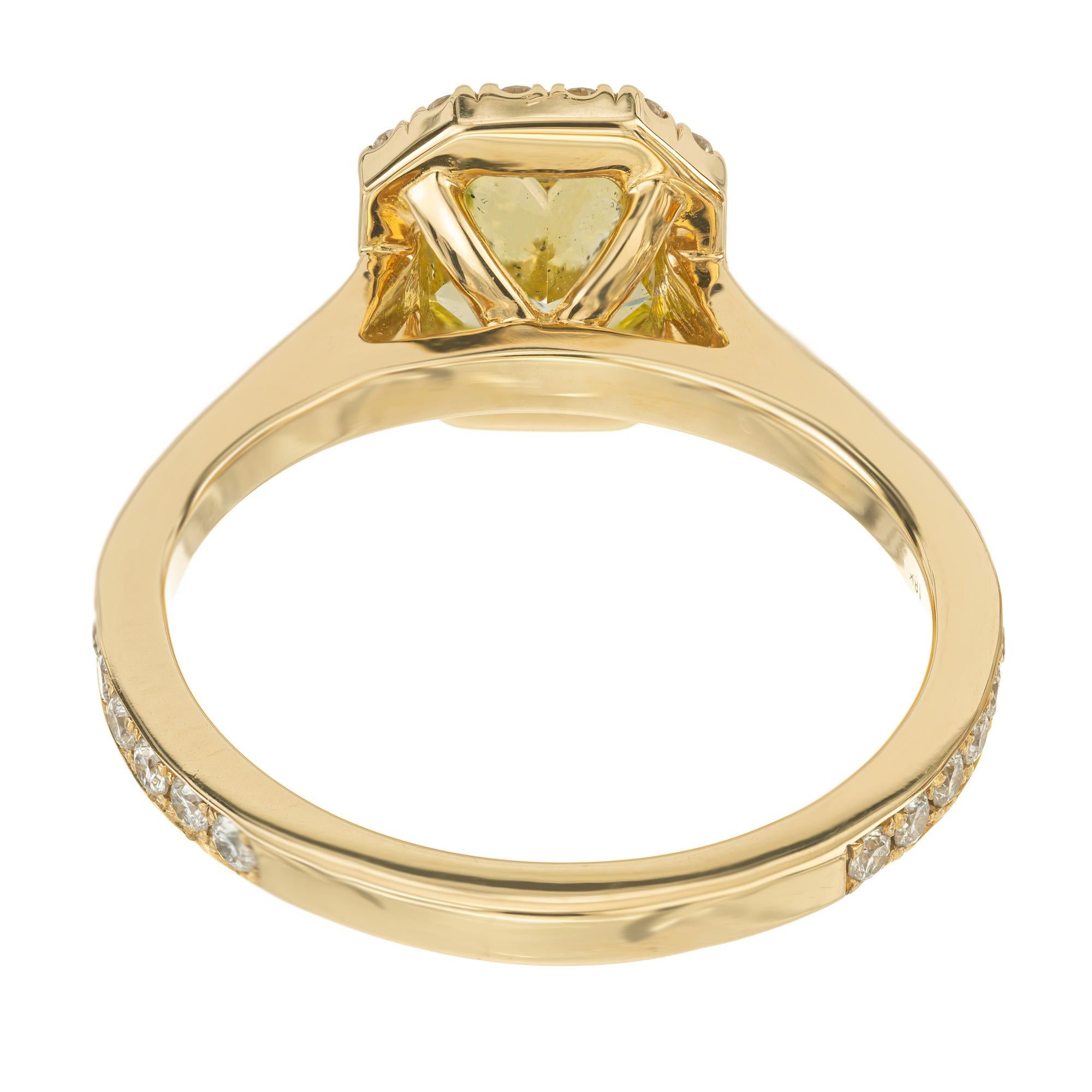 Peter Suchy GIA 1.27 Carat Green Yellow Diamond Halo Yellow Gold Engagement Ring For Sale 1
