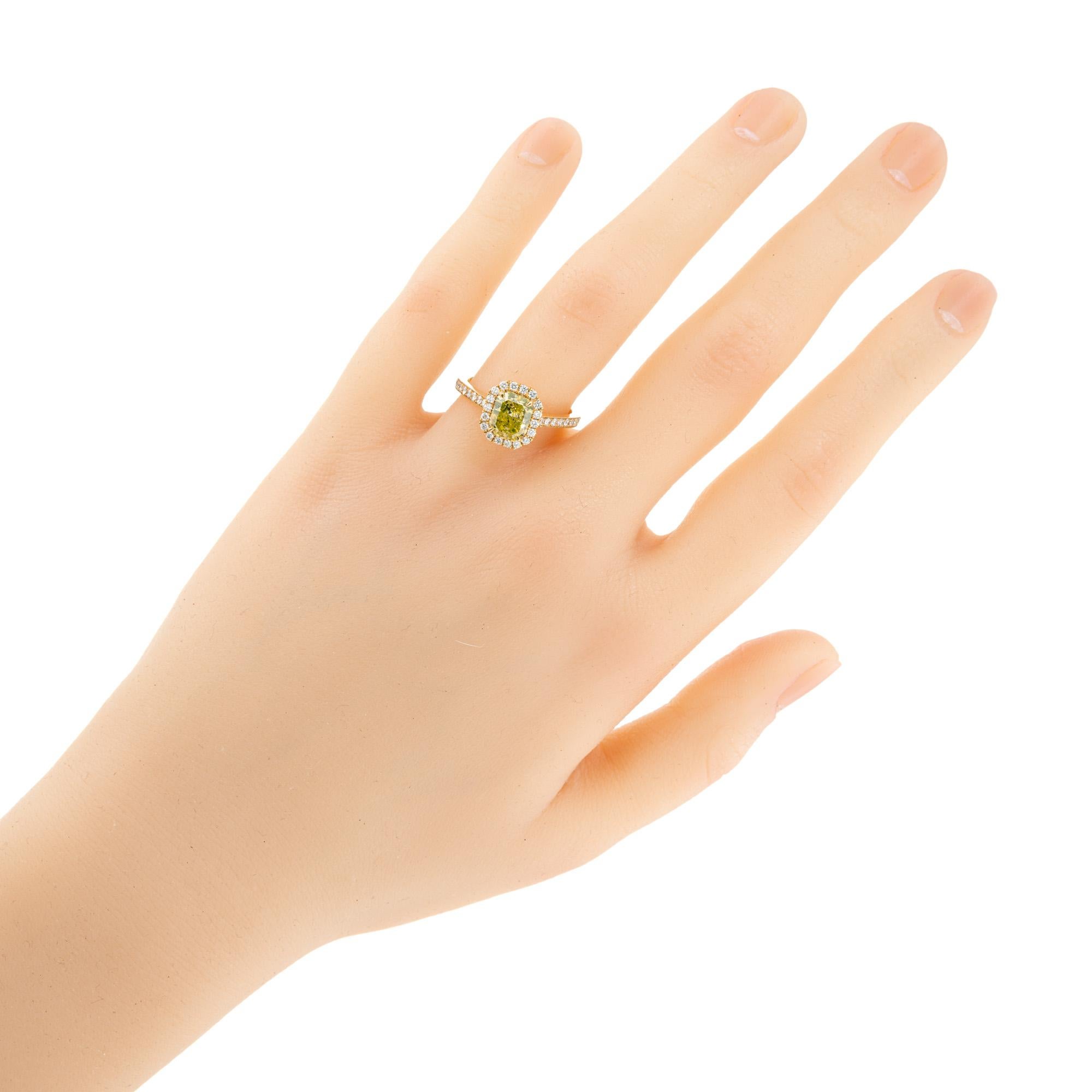 Peter Suchy GIA 1.27 Carat Green Yellow Diamond Halo Yellow Gold Engagement Ring For Sale 3