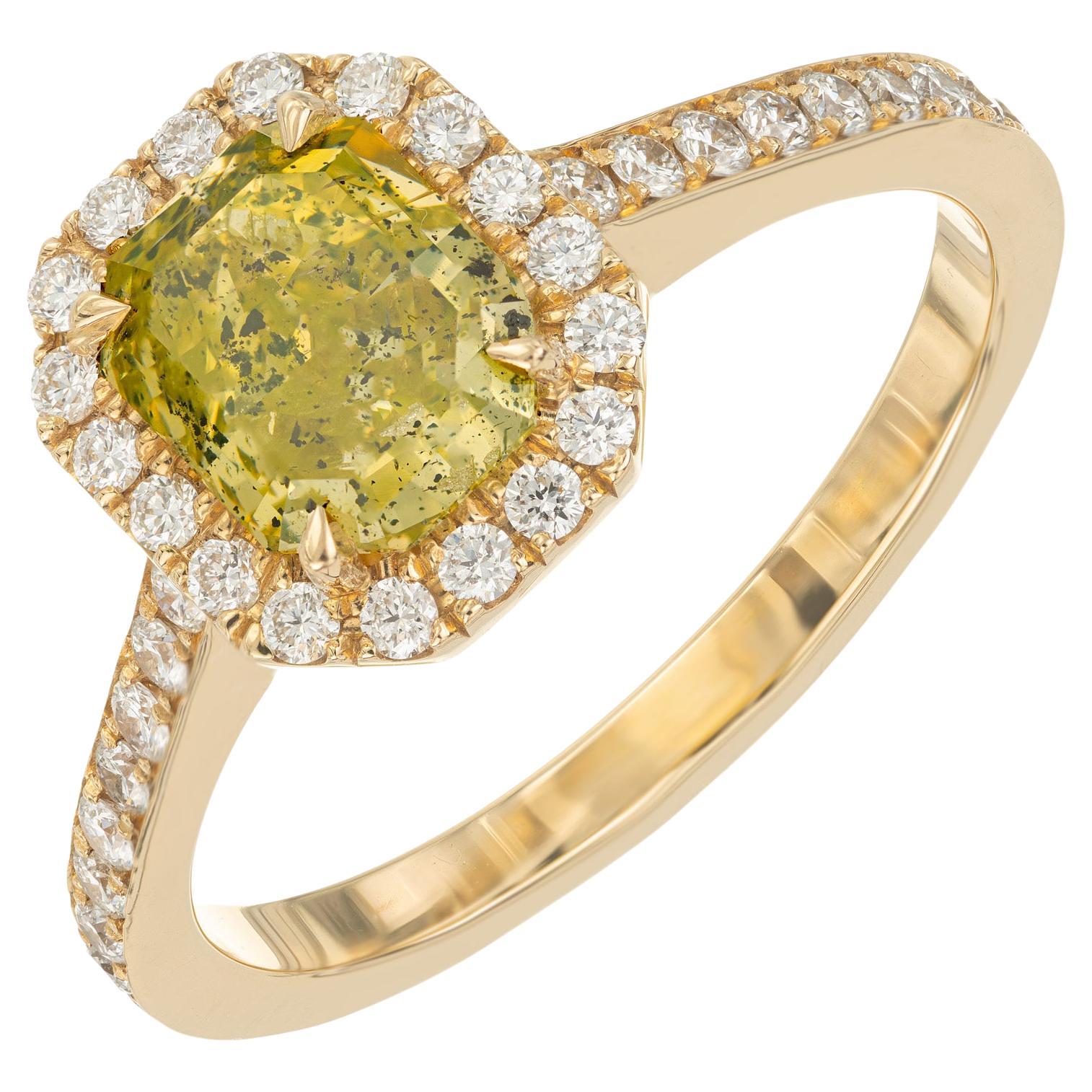 Peter Suchy GIA 1.27 Carat Green Yellow Diamond Halo Yellow Gold Engagement Ring